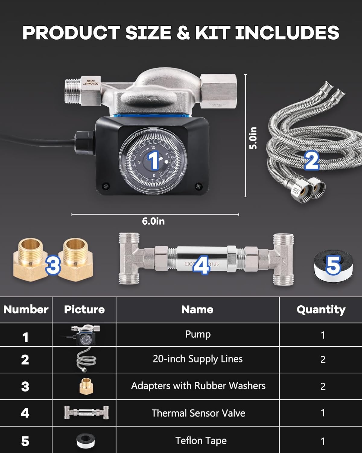 Kit de bomba de recirculación de agua caliente instantánea con válvula de derivación de acero inoxidable 304 para calentadores de agua de tanque,