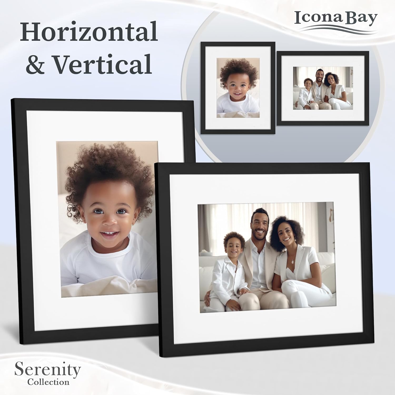 Icona Bay Serenity Collection – Portarretratos de 8 x 10 pulgadas con paspartú extraíble para fotos de 5 x 7 pulgadas (negro), elegante y moderno,