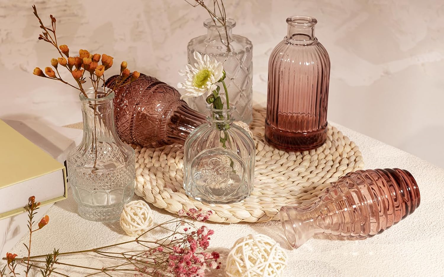 Juego de 10 jarrones pequeños para flores, jarrones rosados a granel, jarrones de cristal para centros de mesa, mini jarrón vintage perfecto para