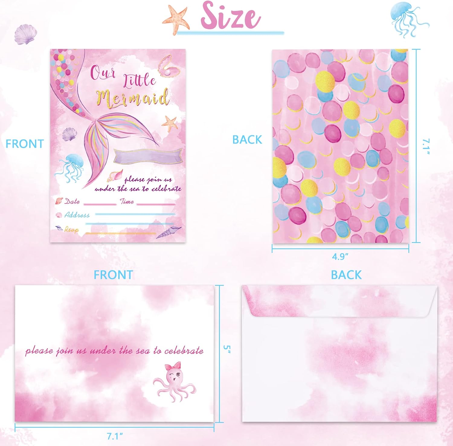 WERNNSAI Invitaciones de fiesta de sirena de acuarela, suministros de fiesta de sirena, paquete de 20 tarjetas de invitación de 5 x 7 pulgadas con