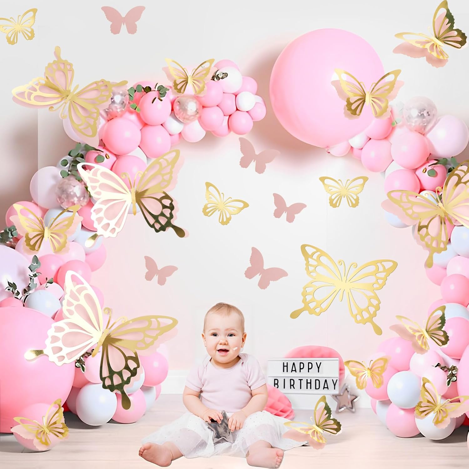 24 decoraciones de mariposa dorada 3D de mariposa grande de 2 capas, decoración de pared de mariposa de 5 tamaños diferentes, mariposa de papel rosa