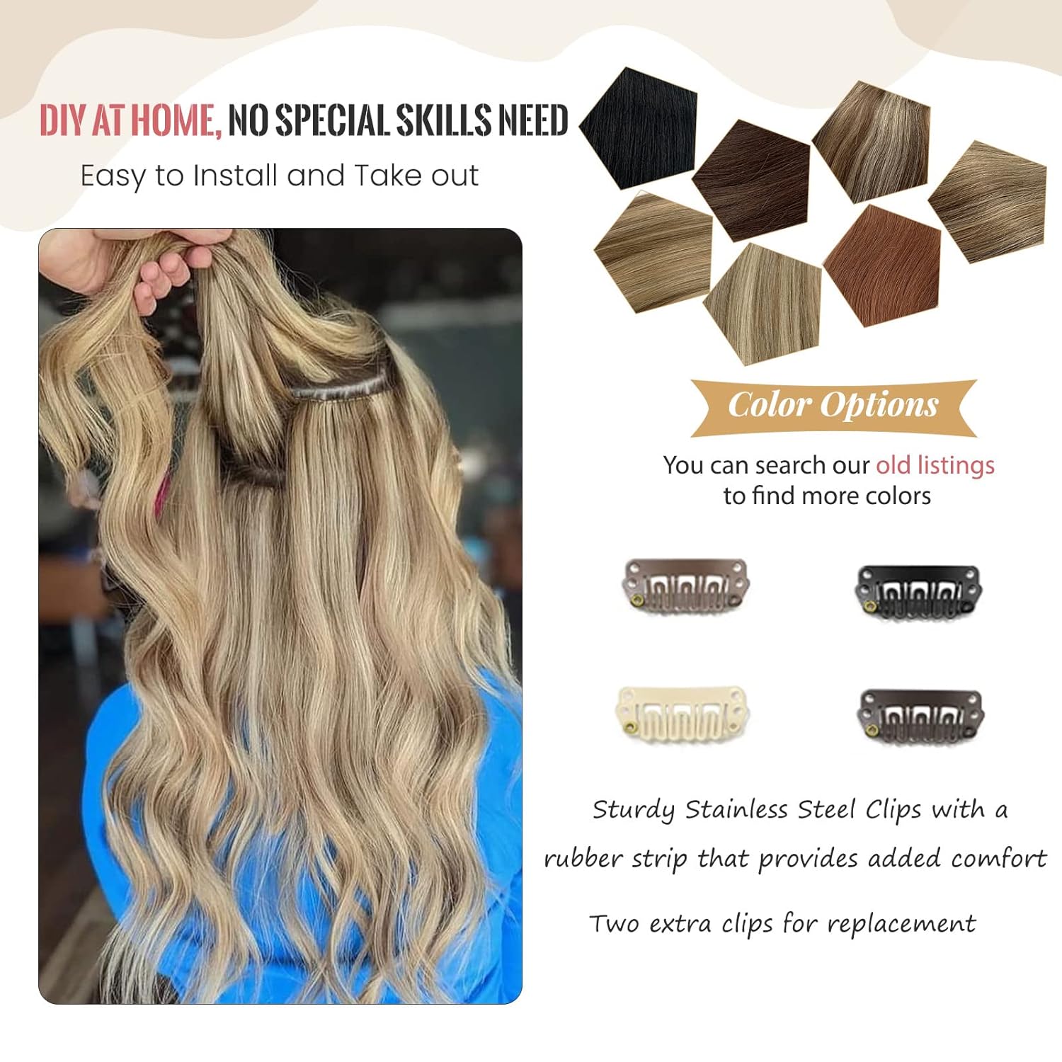 Extensiones de cabello humano real con pinzas, color marrón medio con rubio, extensiones de cabello humano Remy lacio y sedoso, 16 pulgadas, 7