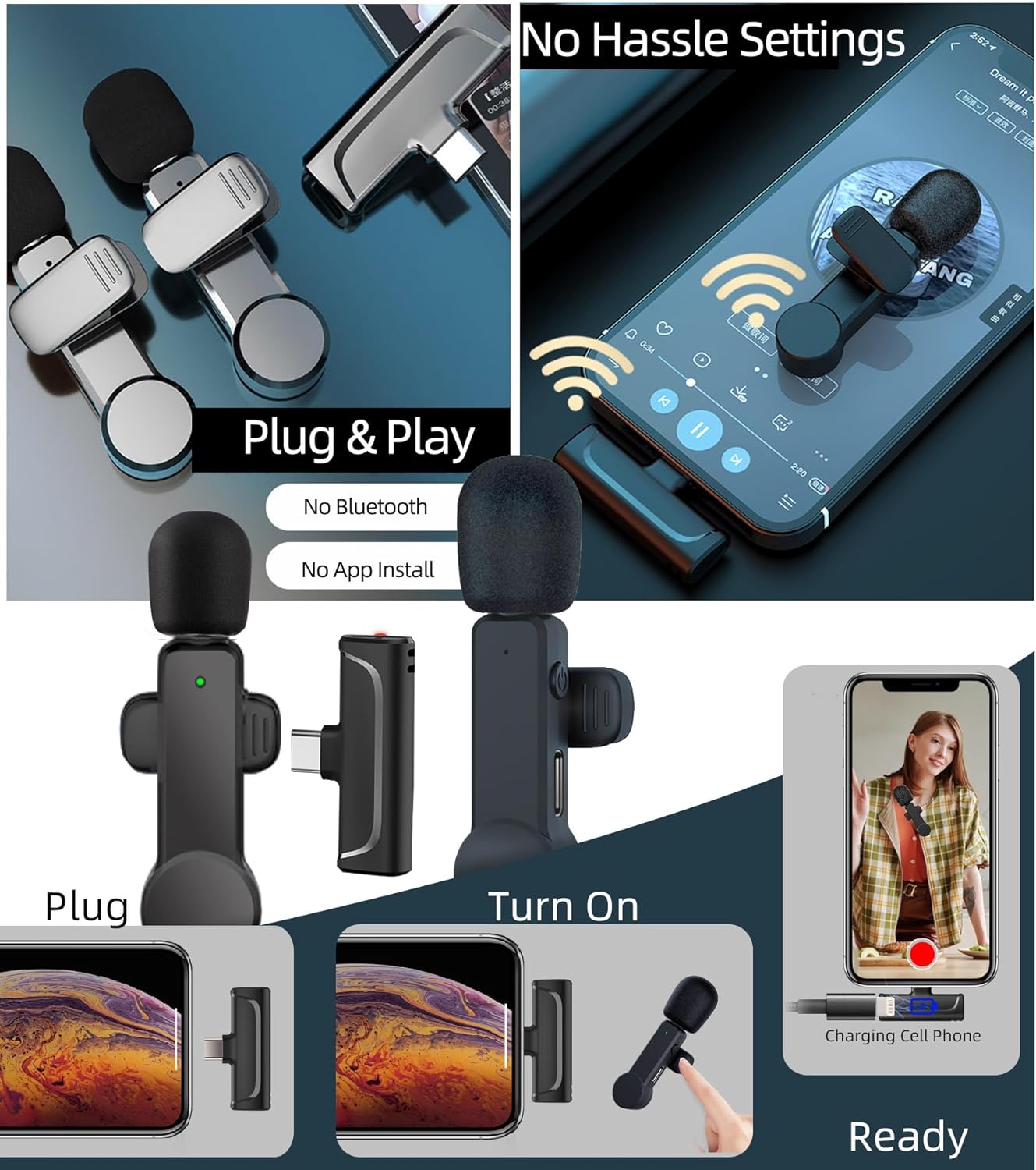 NPTCL Paquete de 2 micrófonos Lavalier USB C Wireless Lav Mic para teléfono Android, cancelación de ruido, mini micrófono de solapa tipo C para