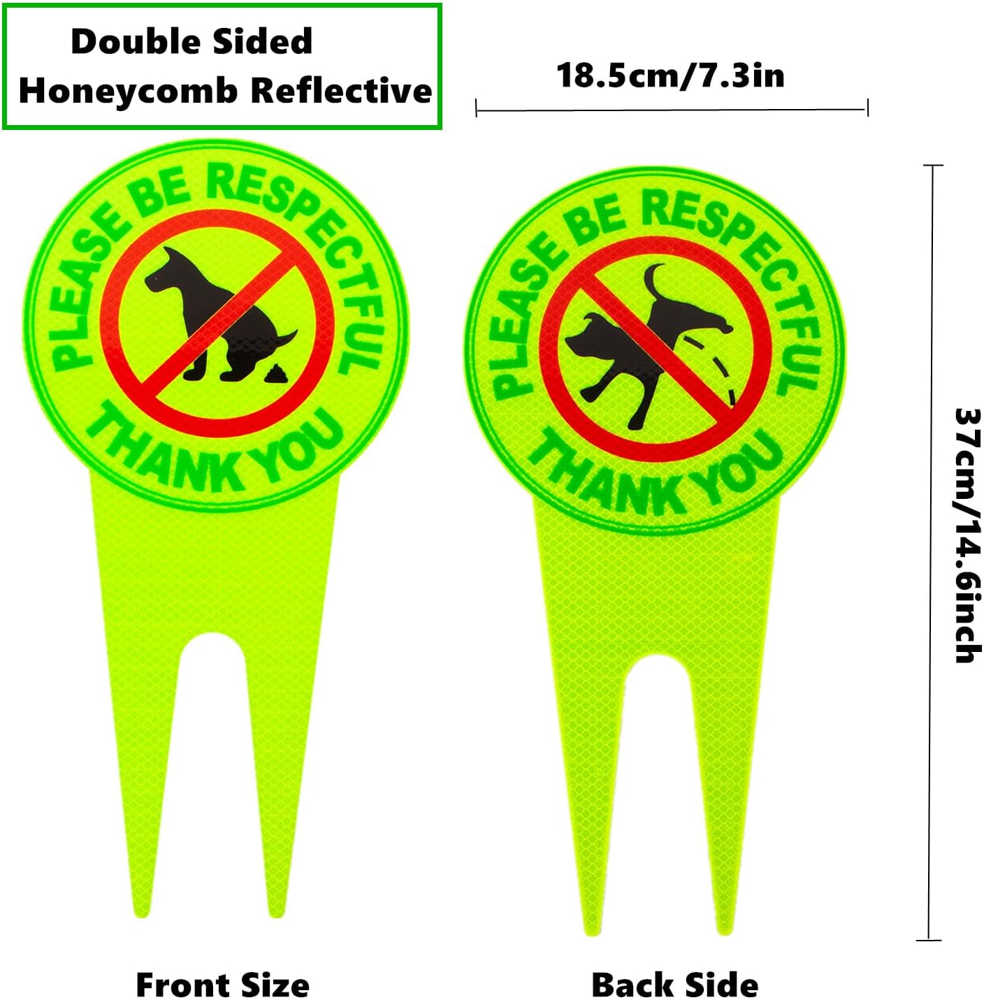 Letrero reflectante de doble cara con estaca para perro sin caca de abeja, de 14.6 x 7.3 pulgadas, letrero con texto en inglés Please Be Respectful