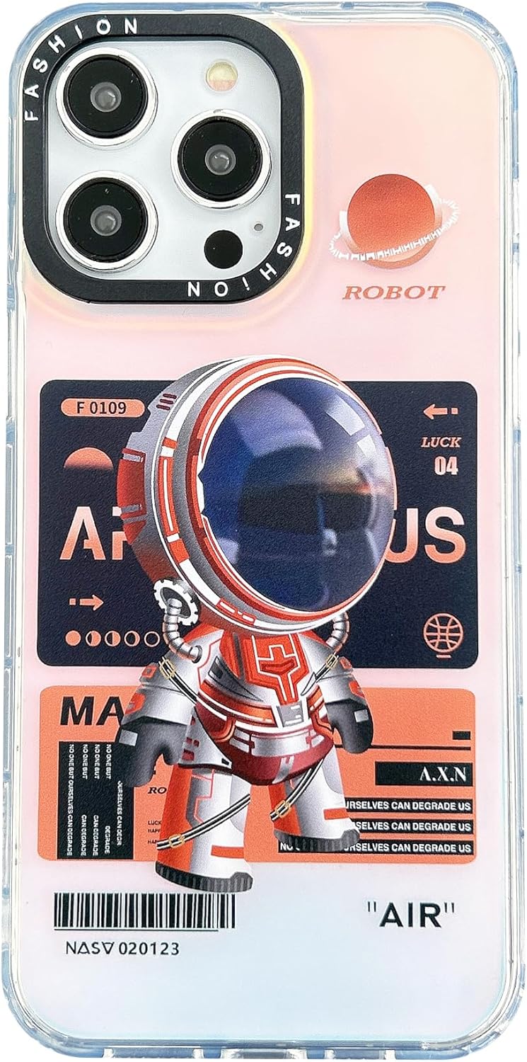 Linda funda para iPhone 15 Pro Max, diseño de astronauta espacial y luna de dibujos animados con purpurina láser elegante a prueba de golpes