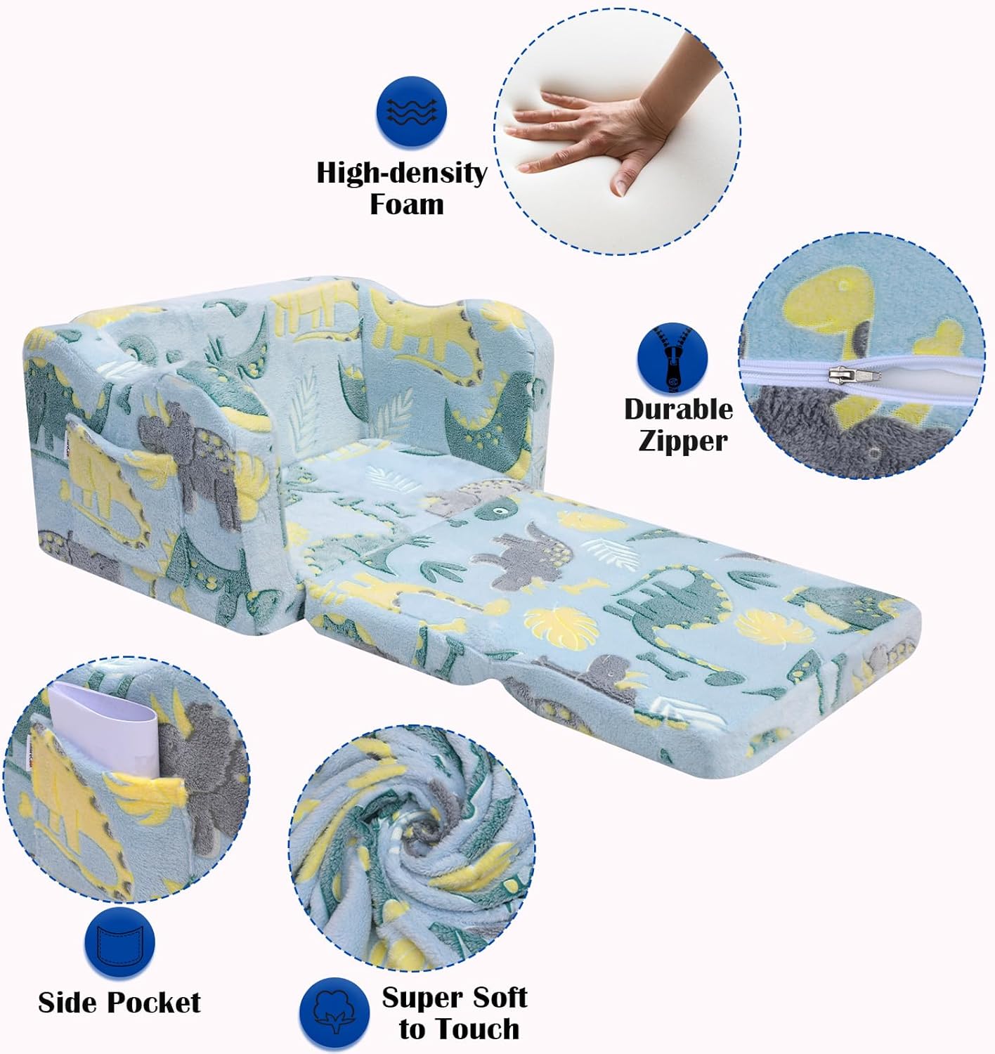 MeMoreCool Silla plegable para niños pequeños, sofá plegable de felpa suave para niños, sofá que brilla en la oscuridad, cómodo sillón reclinable