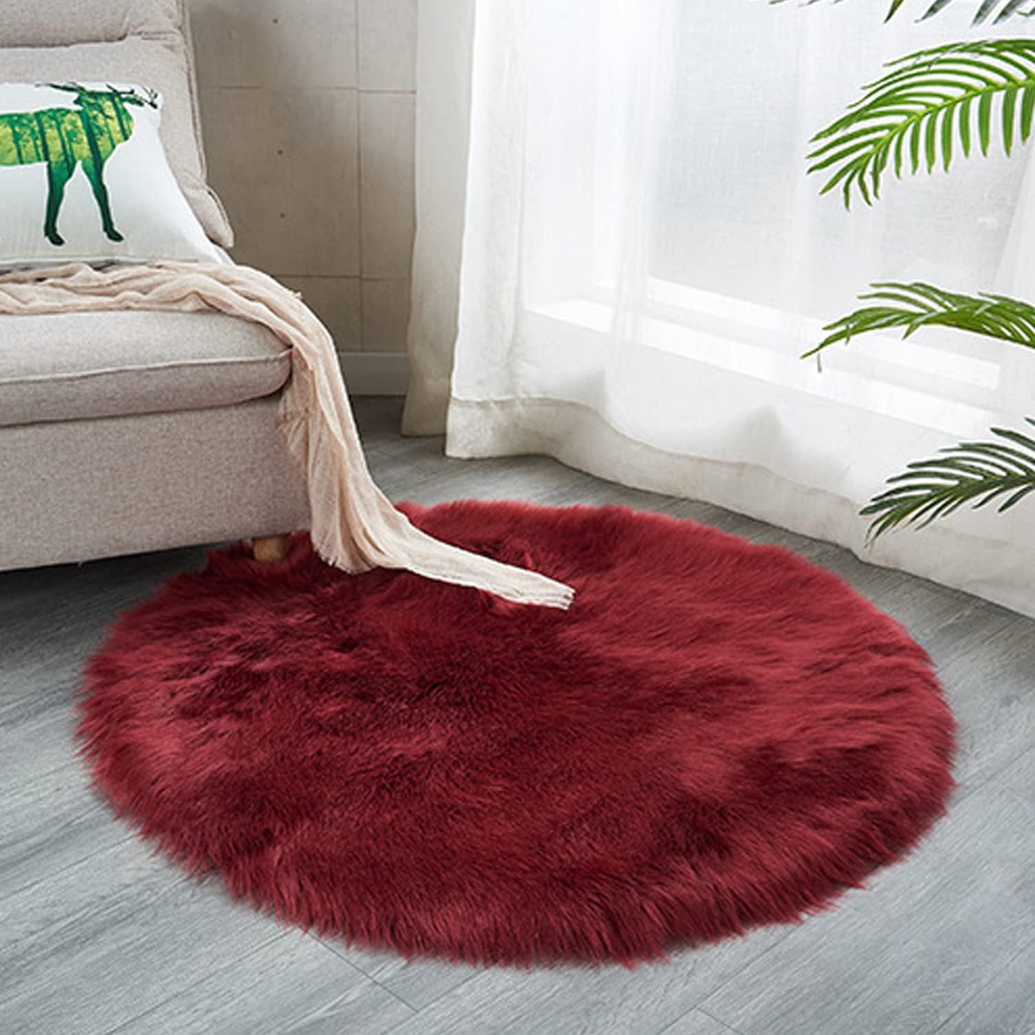 Alfombra redonda de piel de oveja sintética, suave y lanuda. Alfombra mullida para el hogar, decoración de dormitorio, Burgundy