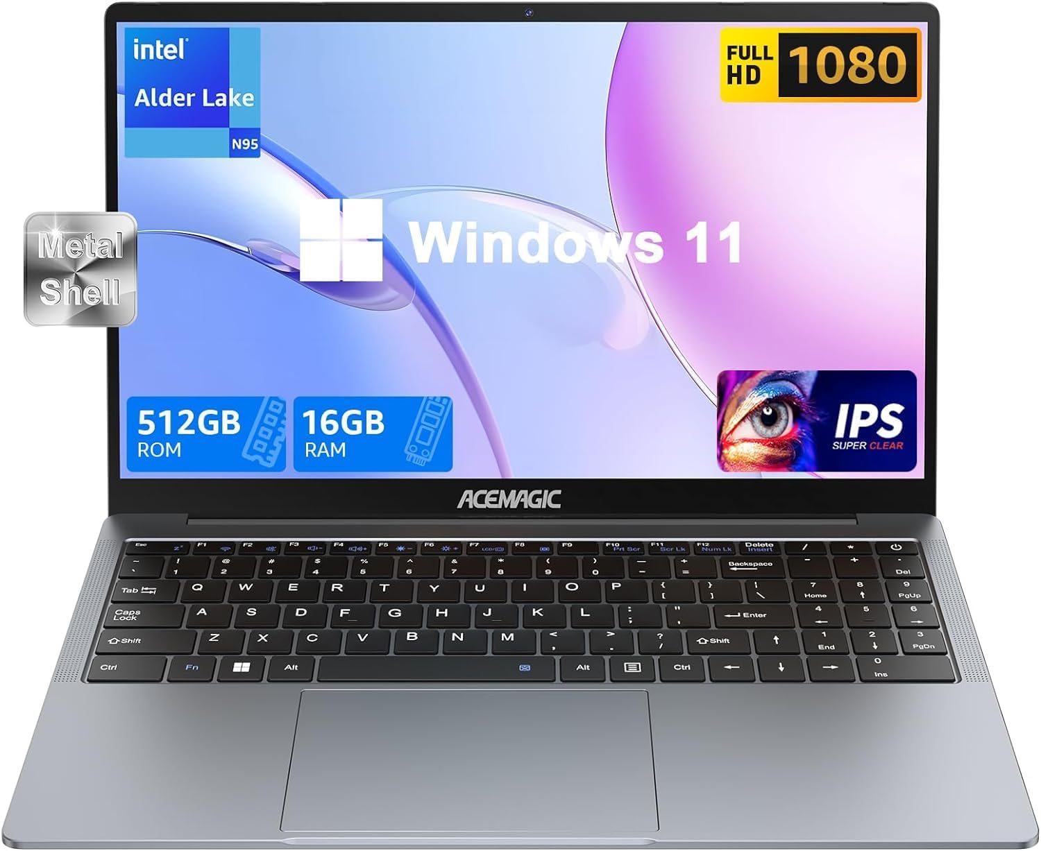 ACEMAGIC Computadora portátil, 16 GB DDR4 512 GB SSD, procesador Intel N95 de cuatro núcleos, portátil con Windows 11, PC IPS 1080P de 15.6
