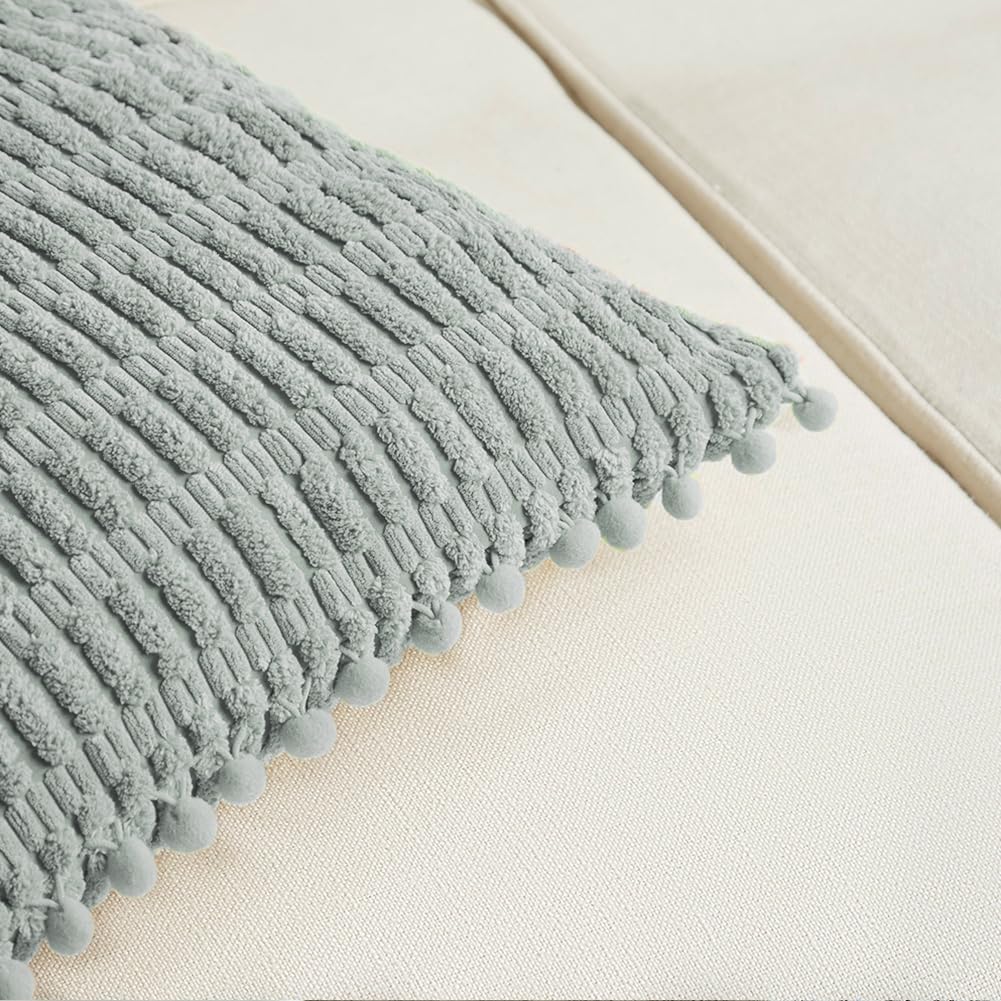 Fancy Homi Paquete de 2 fundas de almohada decorativas de granja azul grisáceo de 18 x 18 pulgadas con pompones para sofá y cama, decoración rústica