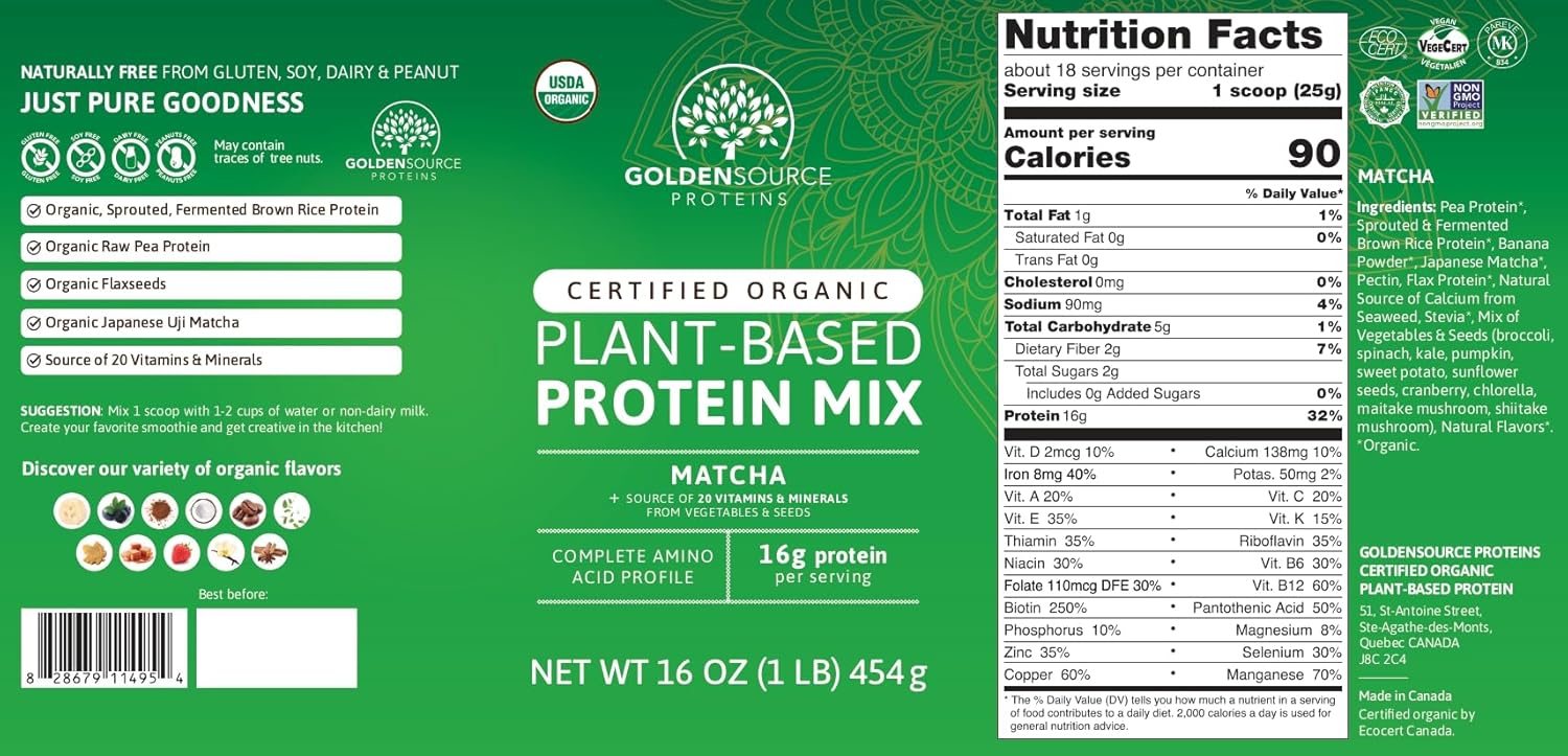GoldenSource Proteins, proteína orgánica a base de plantas, matcha, 1 libra, 18 porciones, 22 vitaminas y minerales, perfil completo de aminoácidos,