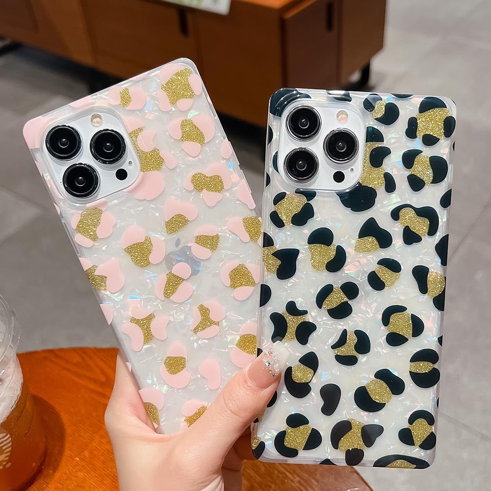 KERZZIL Funda de lujo con patrón de leopardo de nácar para iPhone 13 Pro Max, con borde cuadrado, lindo polvo dorado brillante brillante para