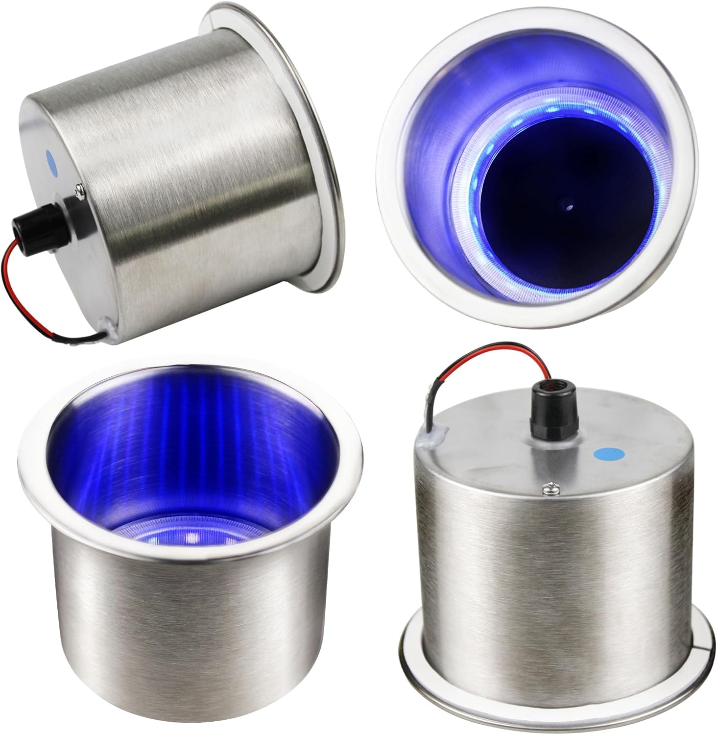 EASYEAH Soporte LED azul para bebidas  Paquete de 4  Soporte de vaso de acero inoxidable pulido con drenaje para yates marinos, cámper, camiones,