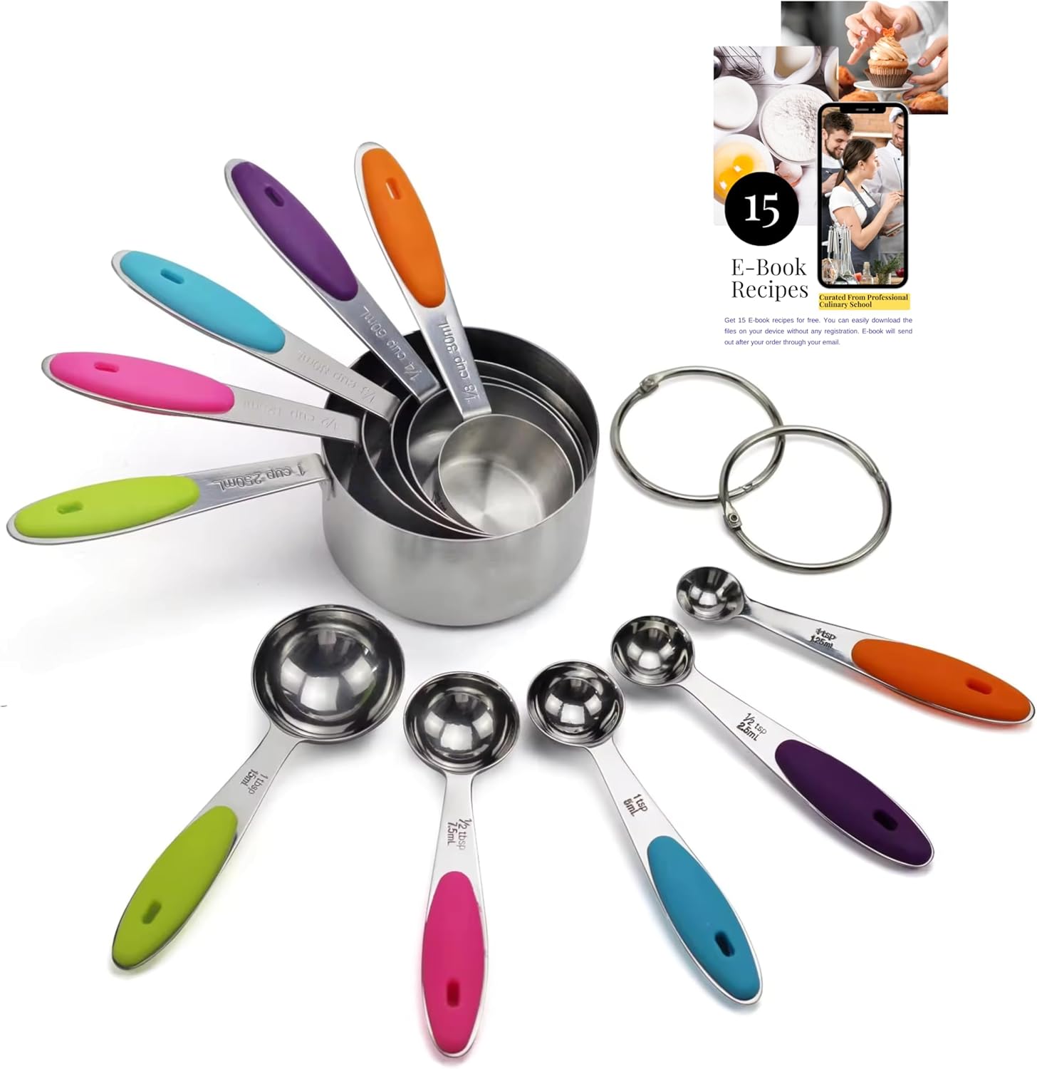 Juego de tazas y cucharas medidoras de acero inoxidable, 10 piezas más 15 recetas de libros electrónicos, 5 tazas medidoras y 5 cucharas medidoras