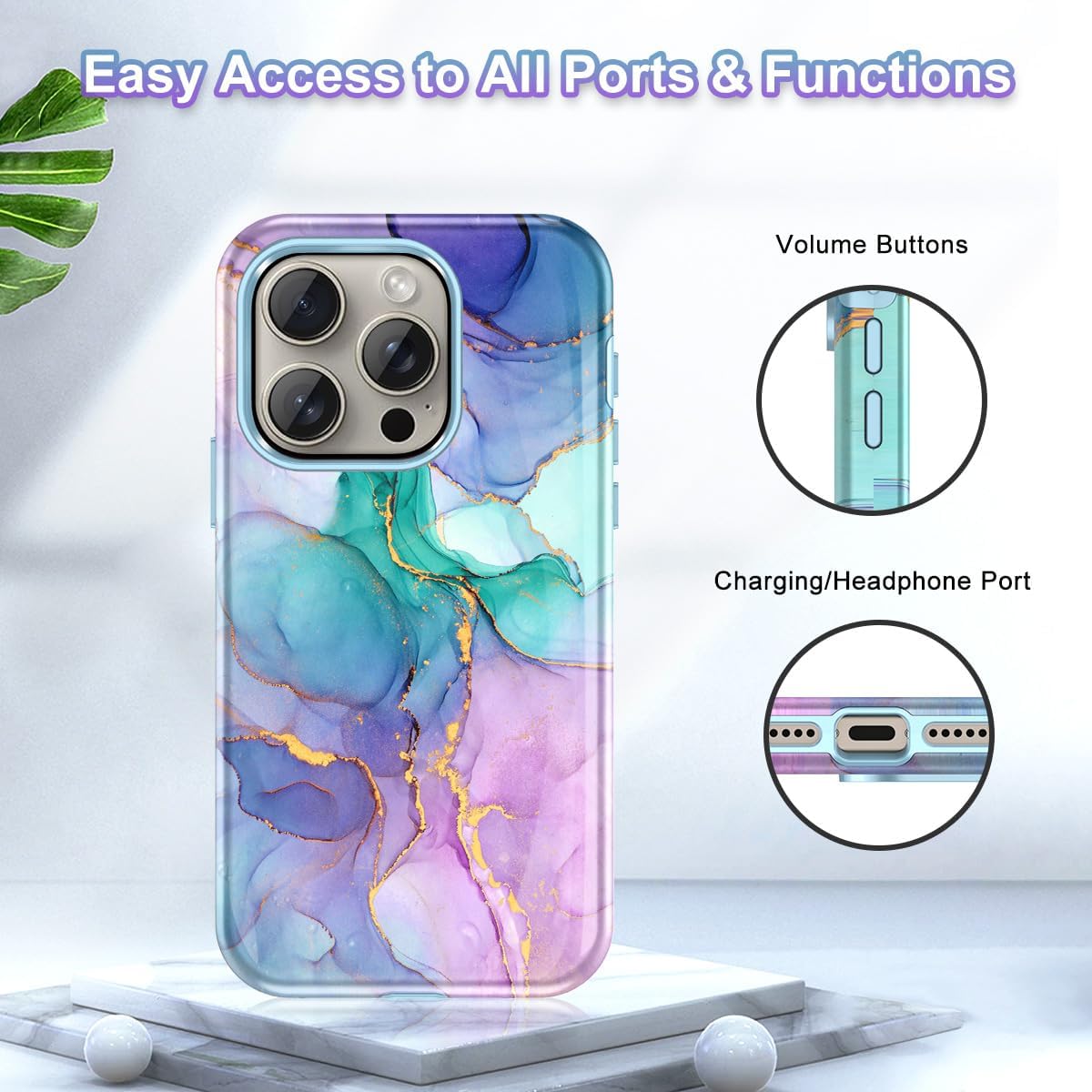 Btscase Funda para iPhone 15 Pro de 6.1 pulgadas (2023), patrón de mármol 3 en 1, resistente a prueba de golpes, cuerpo completo, policarbonato