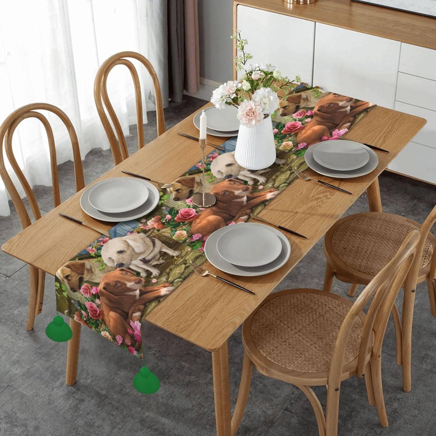 Camino de mesa de Navidad con perros lindos para decoración de mesa de comedor, decoración de Navidad para interiores, decoración del hogar, caminos