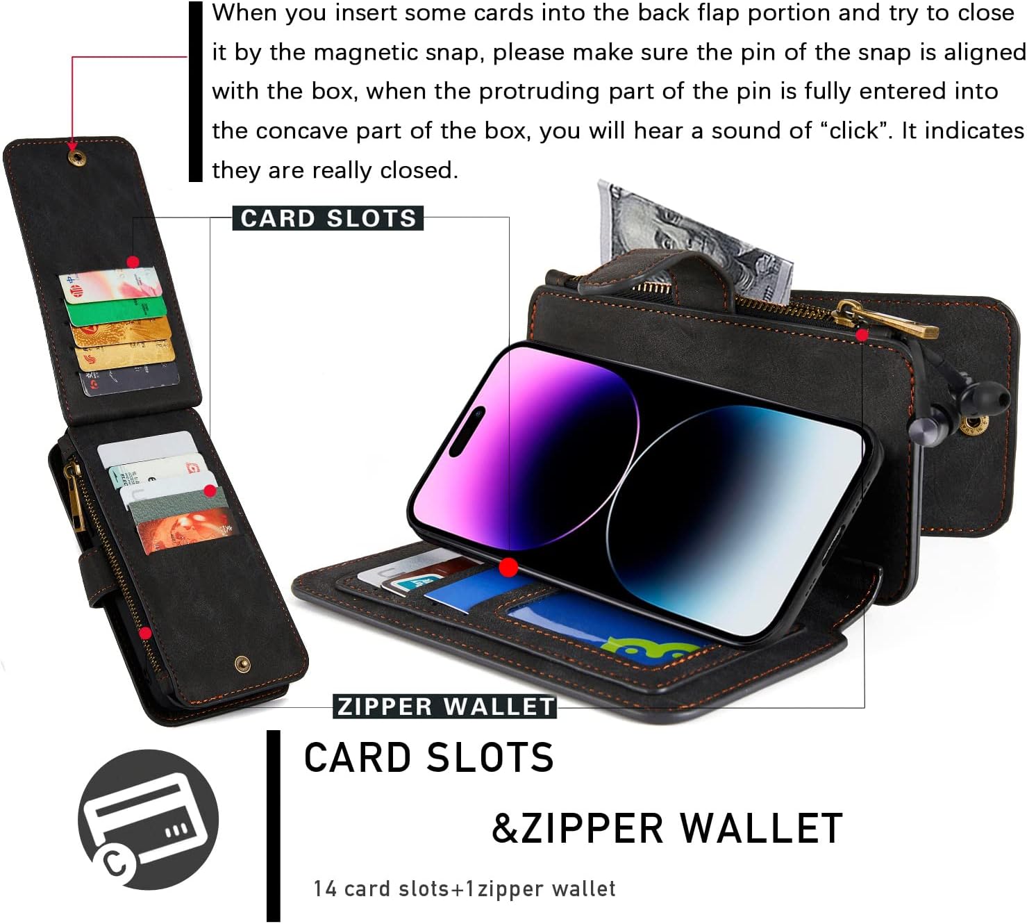 MODOS LOGICOS Funda compatible con iPhone 15 de 6.1 pulgadas, cartera desmontable, almacenamiento en efectivo con cremallera, hasta 14 ranuras para