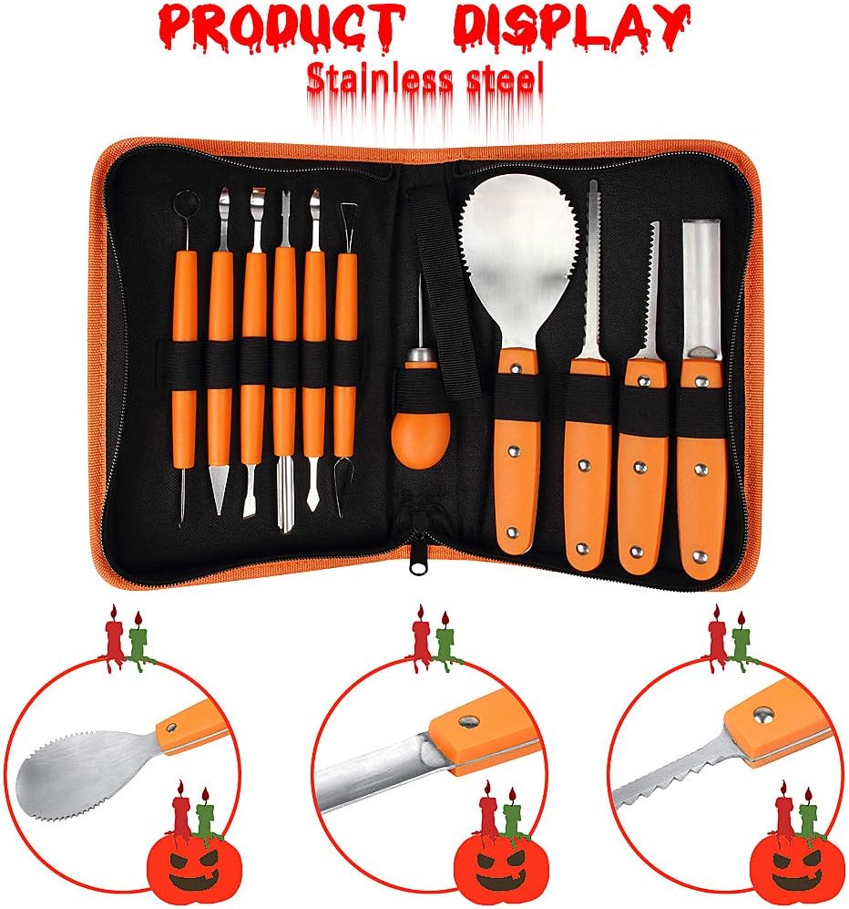 Kit profesional de tallado de calabaza, 11 piezas de herramientas de tallado de acero inoxidable resistentes para Halloween con estuche de