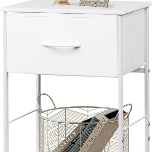 WLIVE Mesita de noche, mesa auxiliar con cajón de almacenamiento de tela y estante de madera abierto, muebles de noche con marco de acero, mesa WLIVE Mesita de noche, mesa auxiliar con cajón de almacenamiento de tela y estante de madera abierto, muebles de noche con marco de acero, mesa