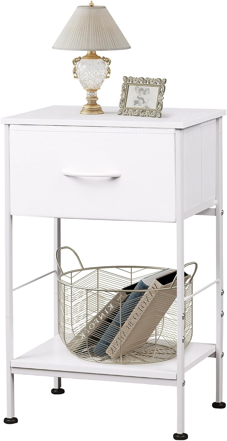 WLIVE Mesita de noche, mesa auxiliar con cajón de almacenamiento de tela y estante de madera abierto, muebles de noche con marco de acero, mesa
