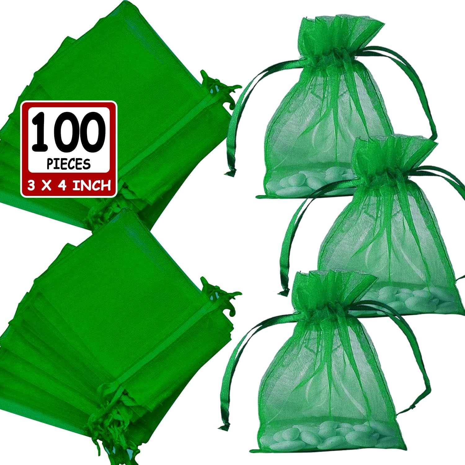 Bolsas de organza verde de 3 x 4 pulgadas (100 unidades), bolsas de regalo de malla transparente con cordón, bolsas de joyería de organza pequeña