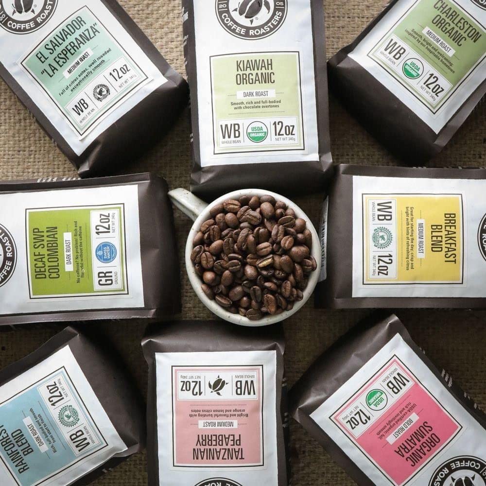 Charleston Coffee Roasters  Café de grano entero orgánico especial  Recogido a mano, tostado lento premium (SWP descafeinado, tostado oscuro) 12