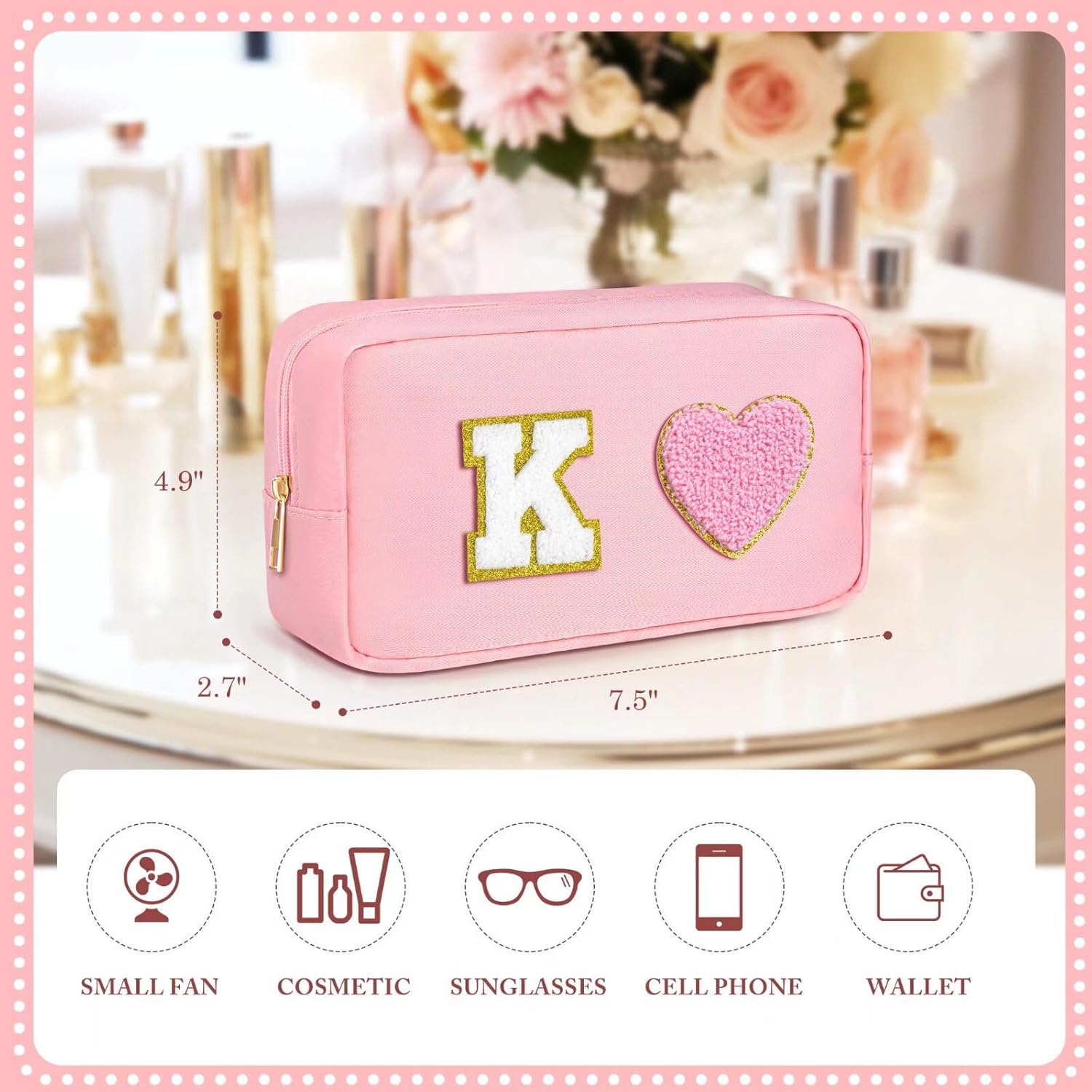 Neceser de cosméticos con letras de chenilla, bolsa de maquillaje inicial, bolsa de cosméticos de nailon impermeable, bolsa de maquillaje rosa,