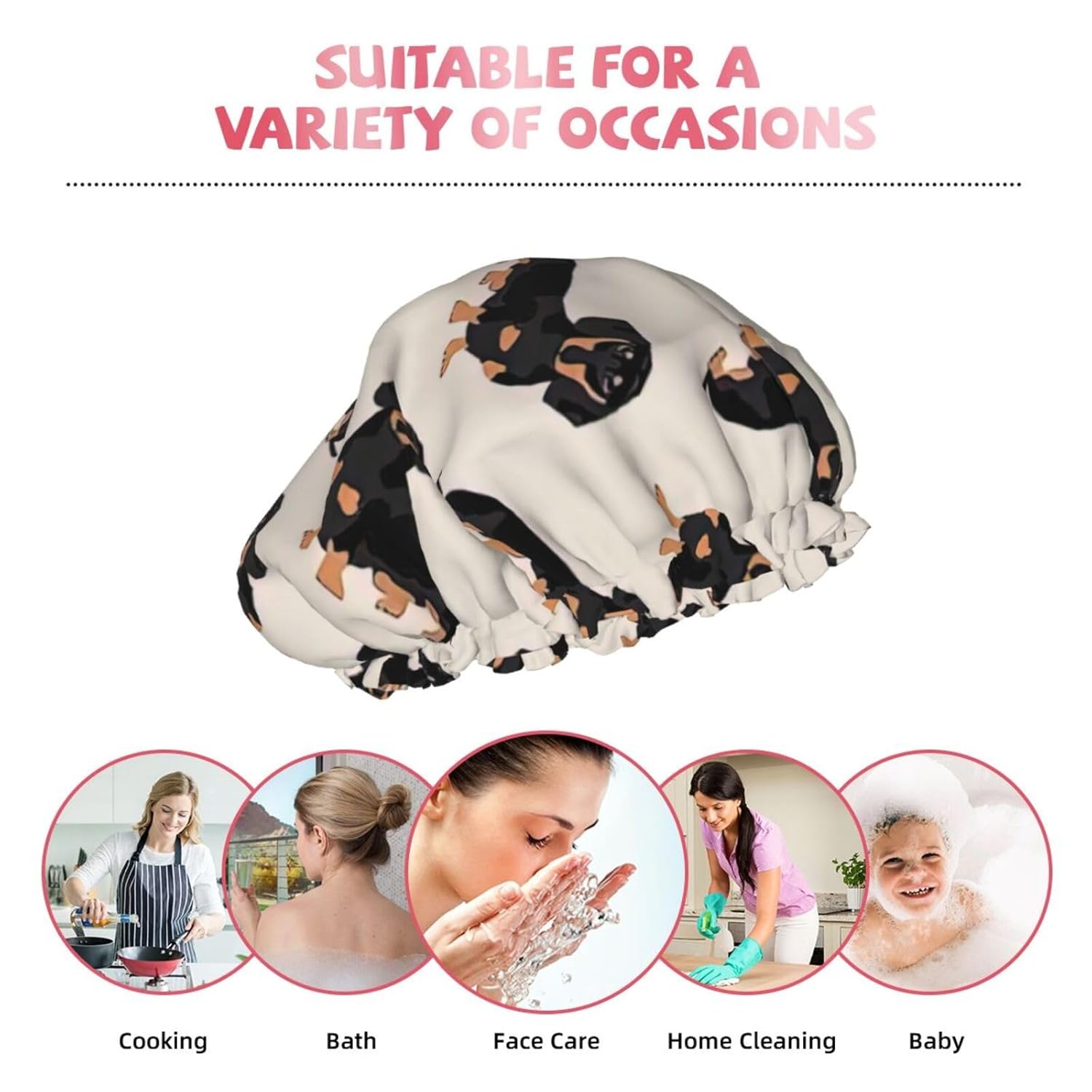 Lindo gorro de ducha de perro para mujer, elástico y reutilizable, doble capa impermeable sombrero de baño