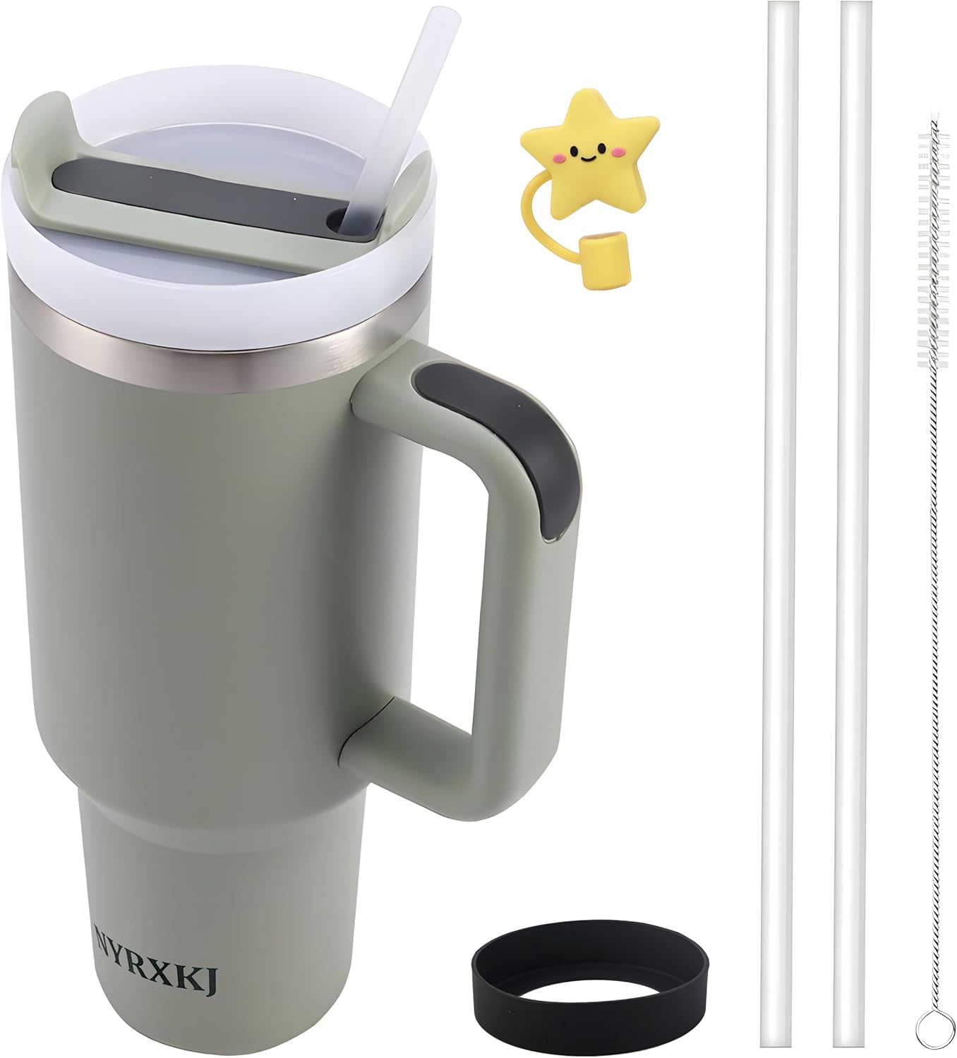 NYRXKJ Vaso de 40 onzas con asa y pajilla, botella de agua reutilizable de acero inoxidable aislada al vacío con pajilla, vaso con popotes de