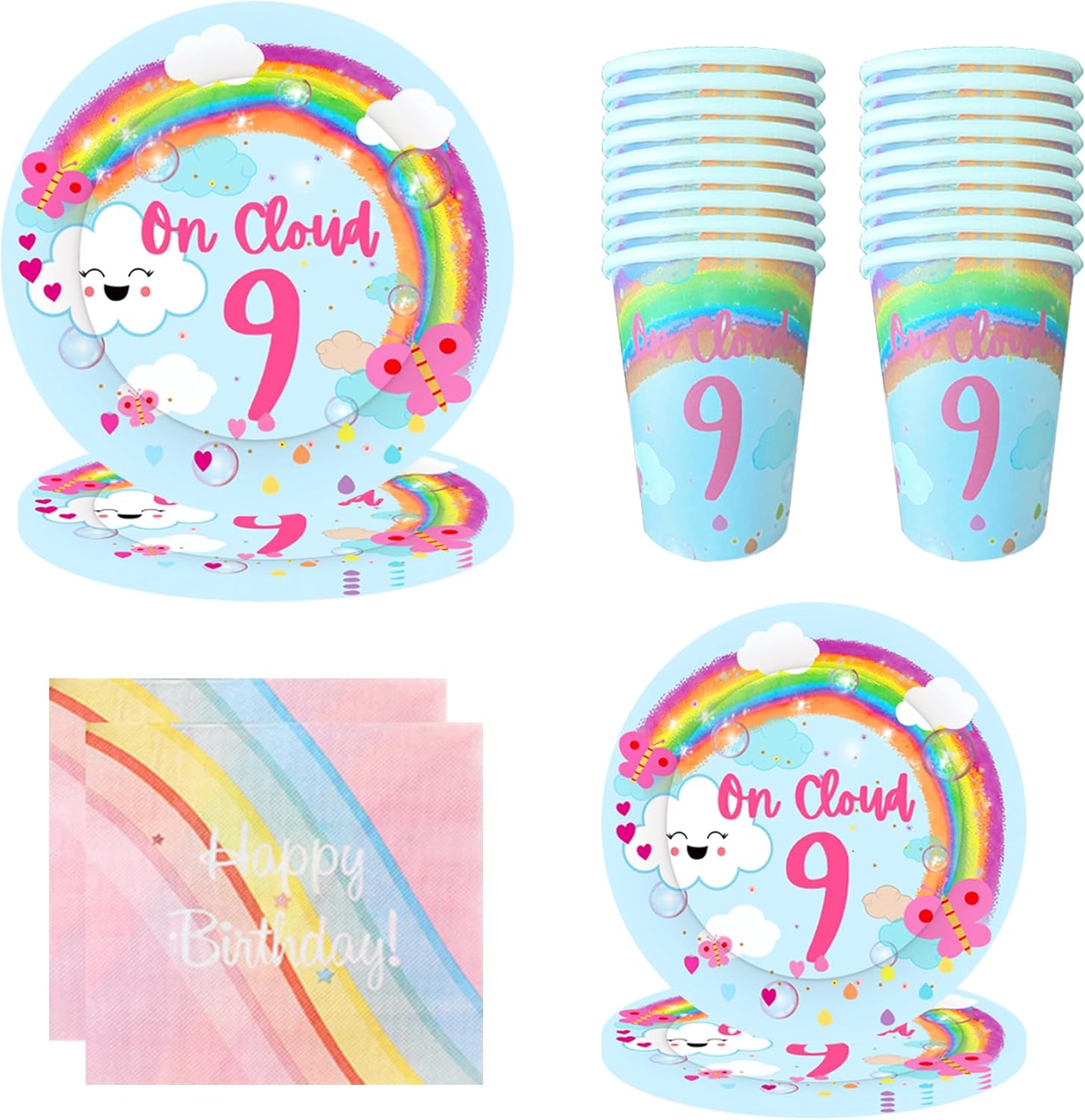 On Cloud – Decoraciones de cumpleaños 9 para niñas, platos y servilletas de cumpleaños de 9 años On Cloud, decoraciones de 9 cumpleaños para niñas,