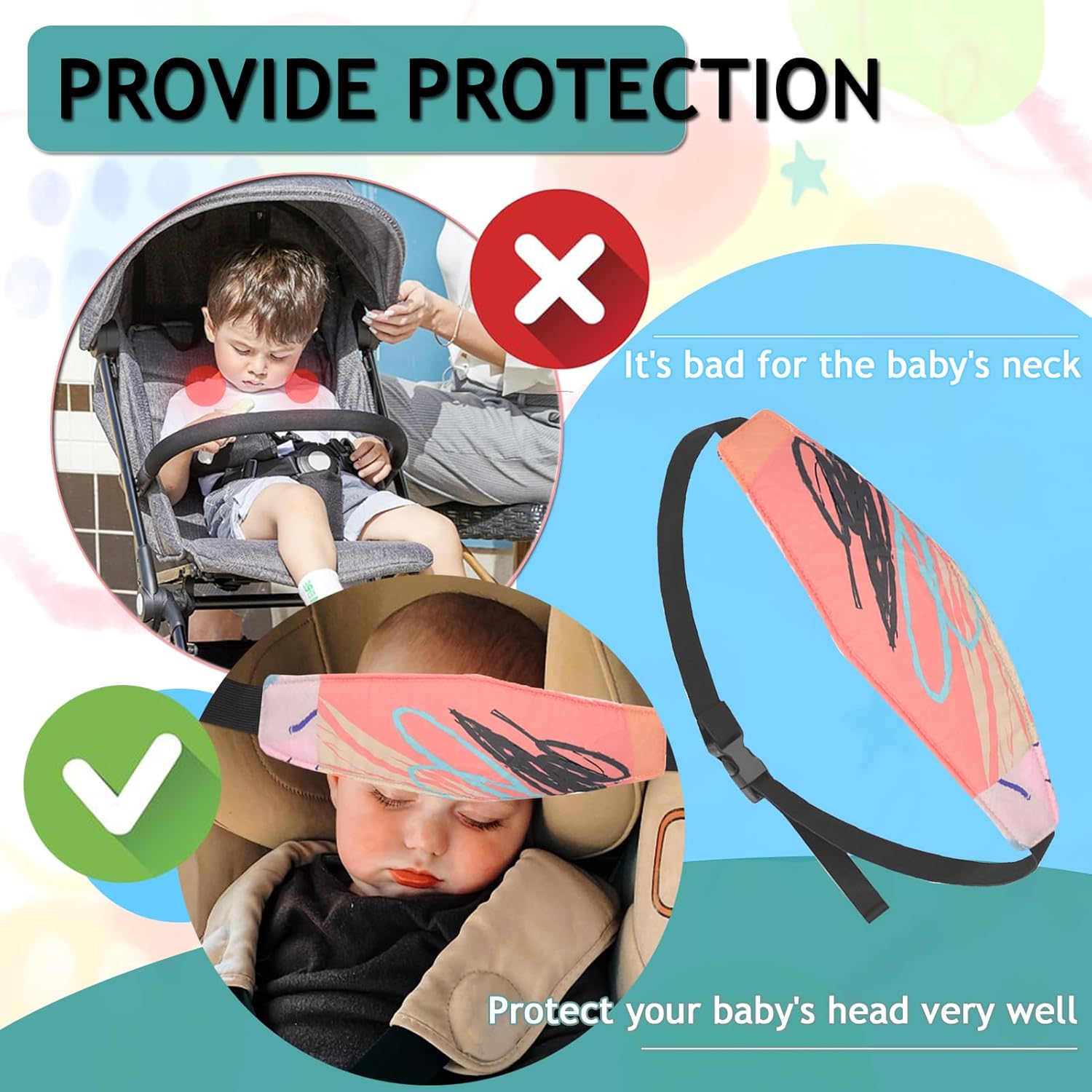 4 piezas de soporte de cabeza de bebé para asiento de automóvil, correa ajustable para la cabeza, asiento de cochecito para niños, reposacabezas