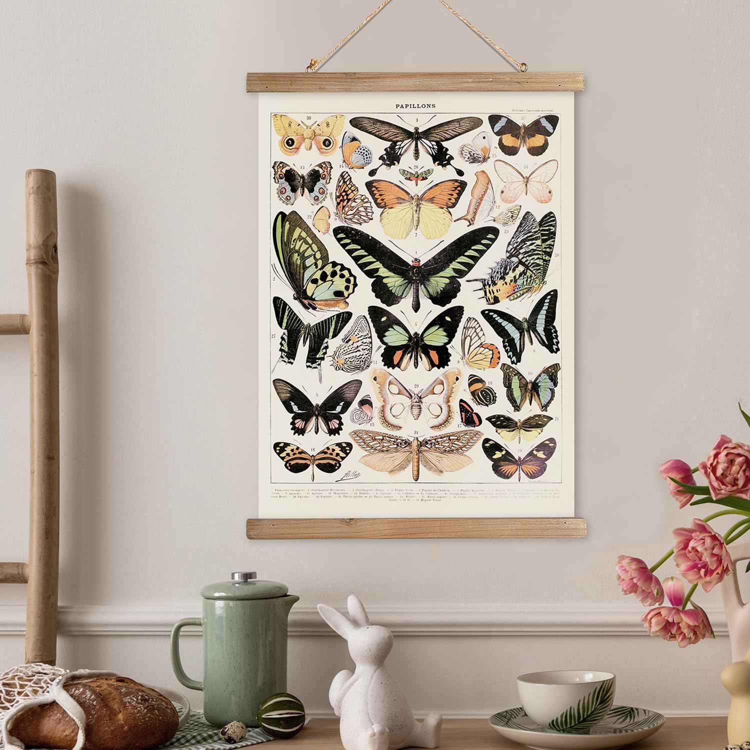 XIAOAIKA Póster colgante de mariposa vintage con marco de madera, pintura artística de decoración de pared de estilo retro, patrones impresos en