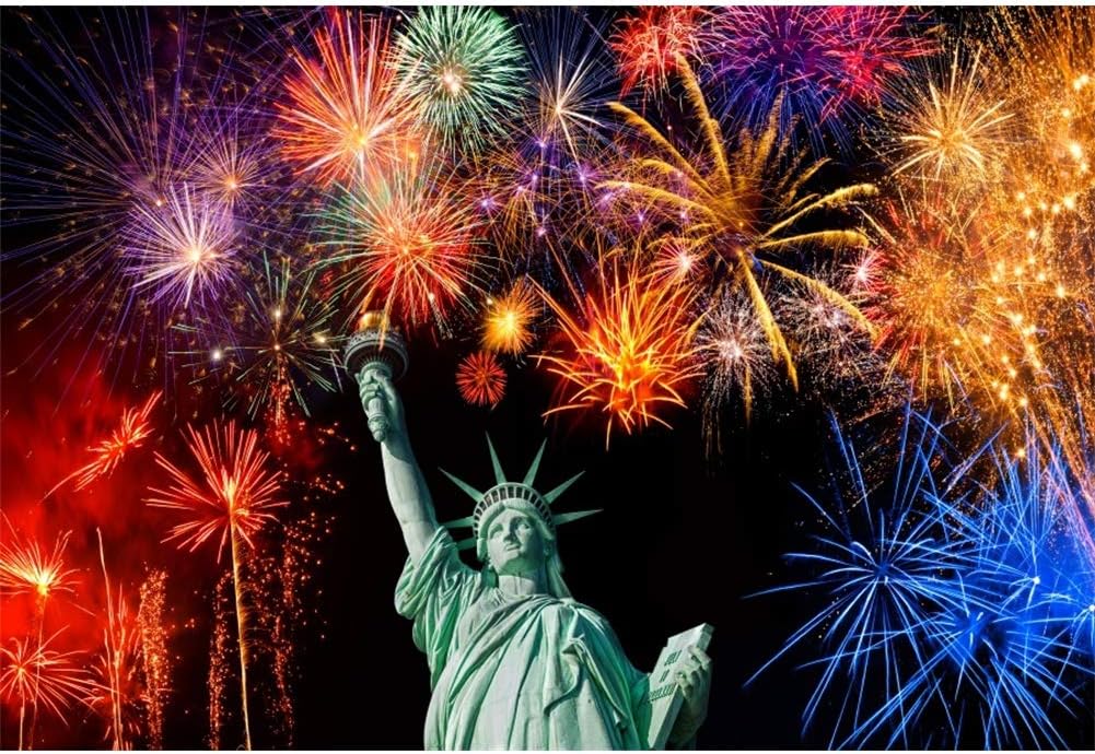 YongFoto Vinilo 4.9 x 31.5ft Estatua de la Libertad Fondo Brillante Fuegos Artificiales de Gran América, Decoración al aire libre, Fiesta