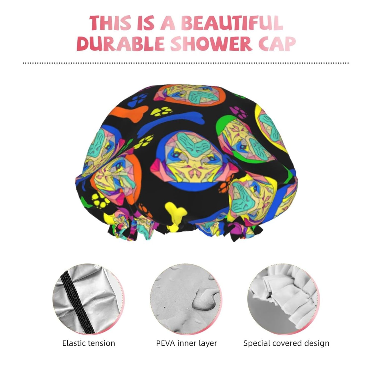 Gorro de ducha de perros coloridos para mujer, impermeable, reutilizable, forro de PEVA, ajustable, doble protección, gorro de baño elástico para