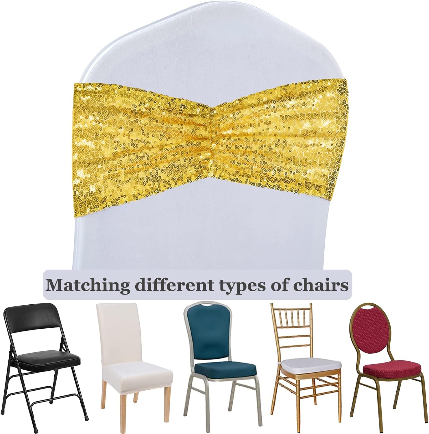 SquarePie Paquete de 20 bandas de lentejuelas para sillas con purpurina para decoración de fundas de silla, banquetes de boda, fiesta, color dorado