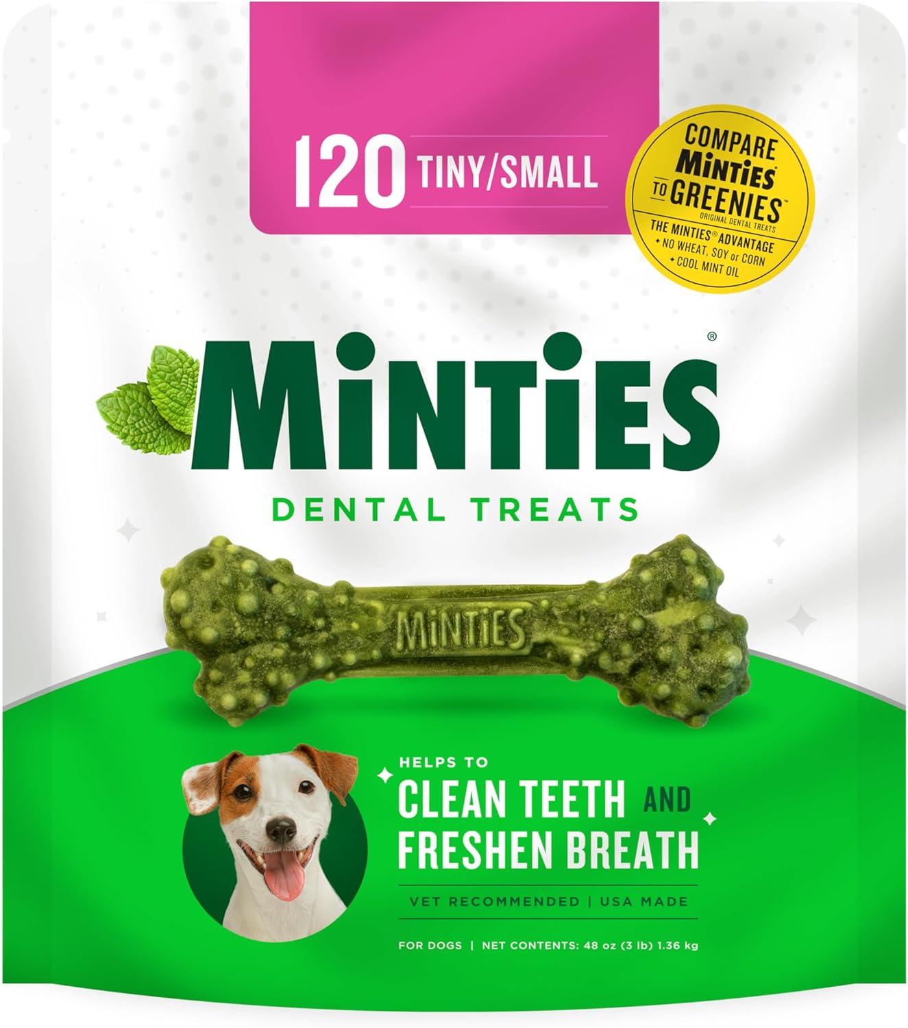 Minties Masticables dentales para perros, 120 unidades, recomendados por veterinarios, golosinas dentales con sabor a menta para perros