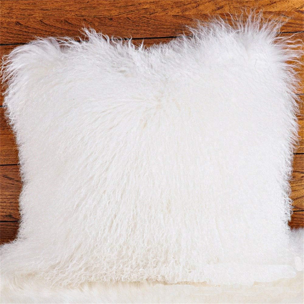 Seek4comfortable Funda de almohada de piel de cordero mongol 100% real (18 x 18 pulgadas, blanco)  Funda de almohada decorativa de piel para sala de