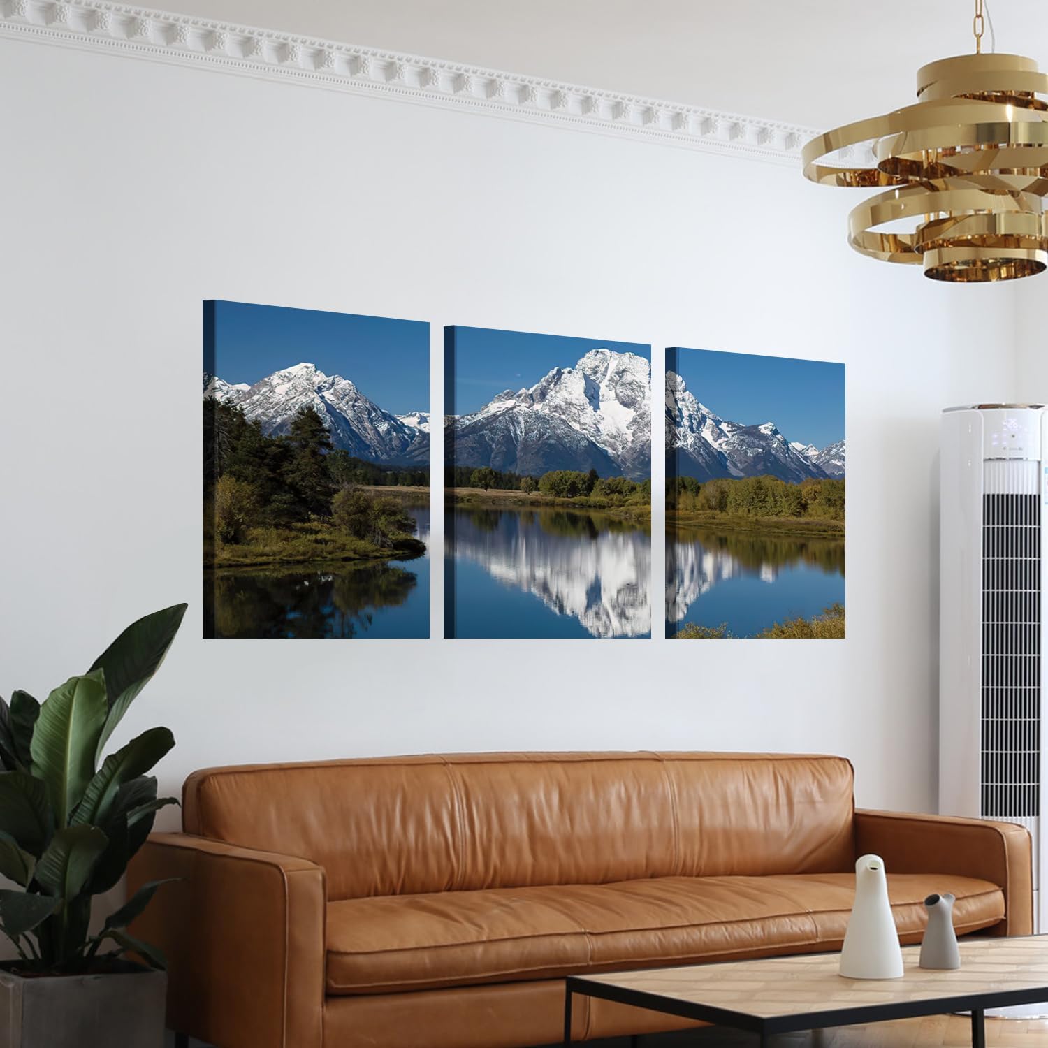 YONICA Lienzo decorativo de 3 paneles para pared, diseño de lago y árboles, color azul brillante, reflejo de montañas, pinturas sobre lienzo para