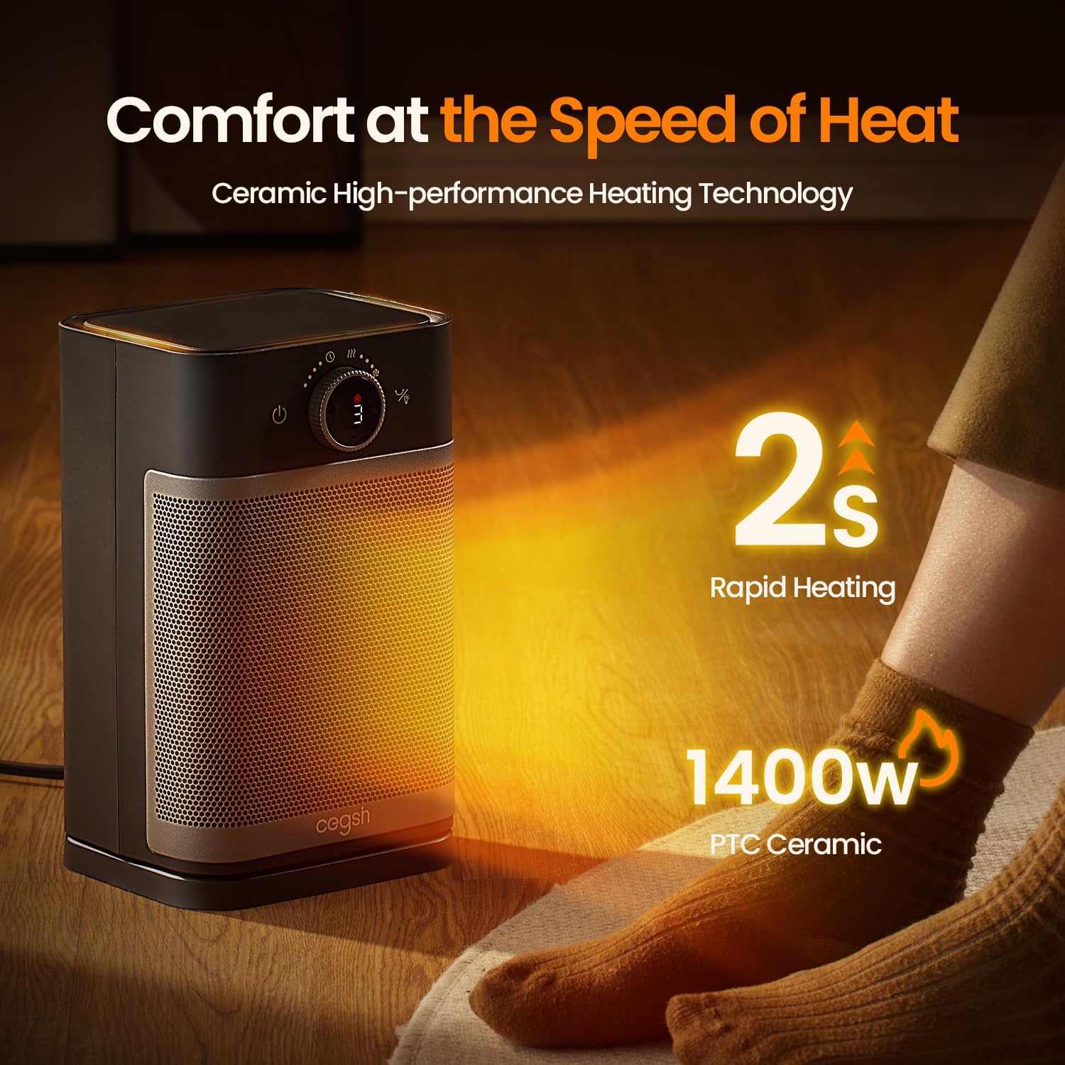 Cegsin Calentador de espacio, calentadores eléctricos portátiles oscilantes de 85 para uso en interiores, calor de seguridad rápido PTC de 1400 W,