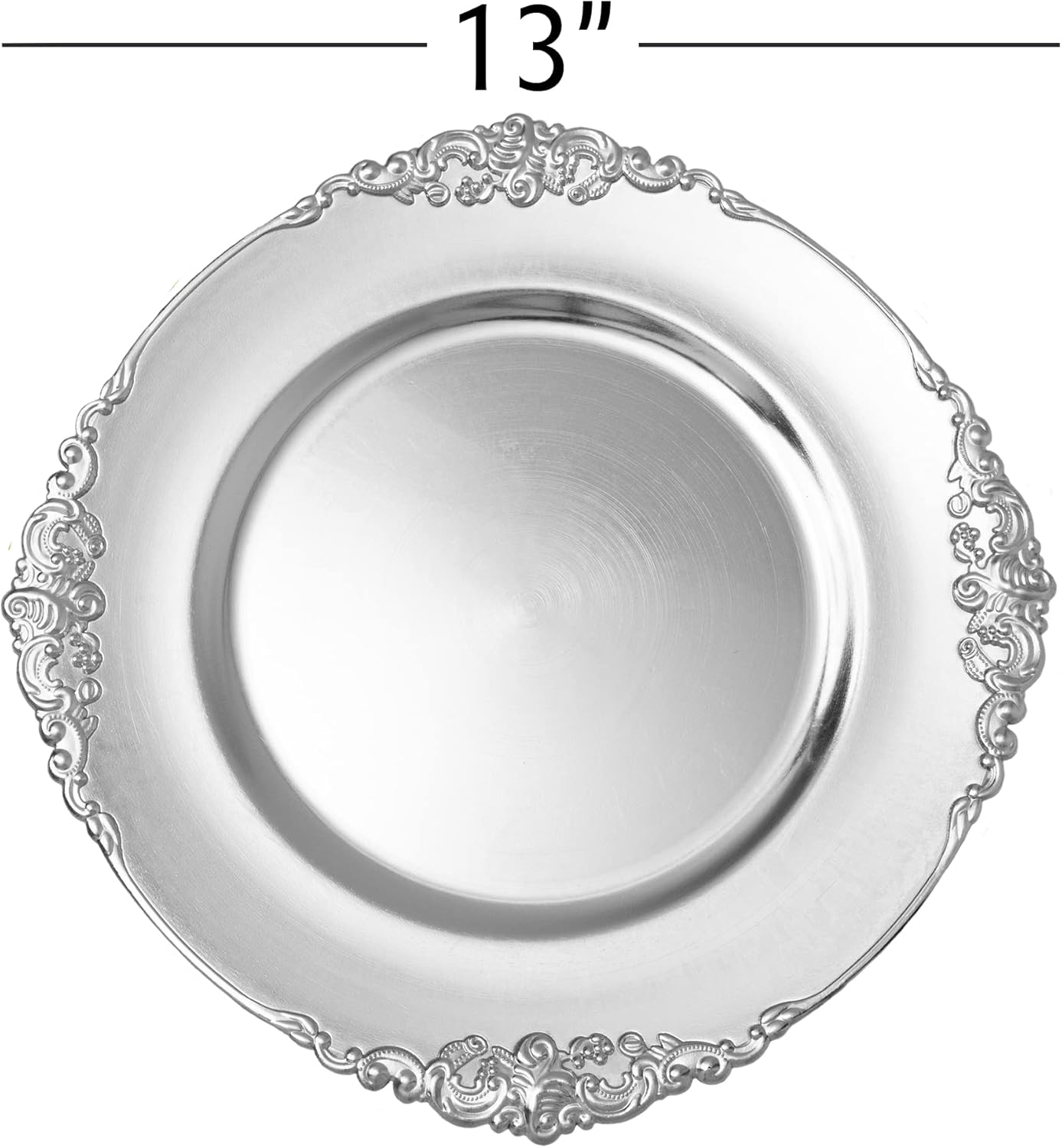Simply Elegant Plato cargador de plástico con borde de filigrana  Placa de servicio para fiestas, cenas, bodas, quinceañeras y eventos, 13 pulgadas