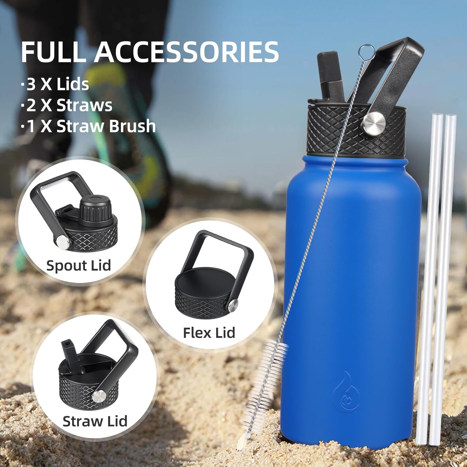 BJPKPK Botellas de agua con aislamiento y tapa con popote de 18 fl oz, de acero inoxidable, para agua fría o caliente, con 3 tapas, sin fugas ni