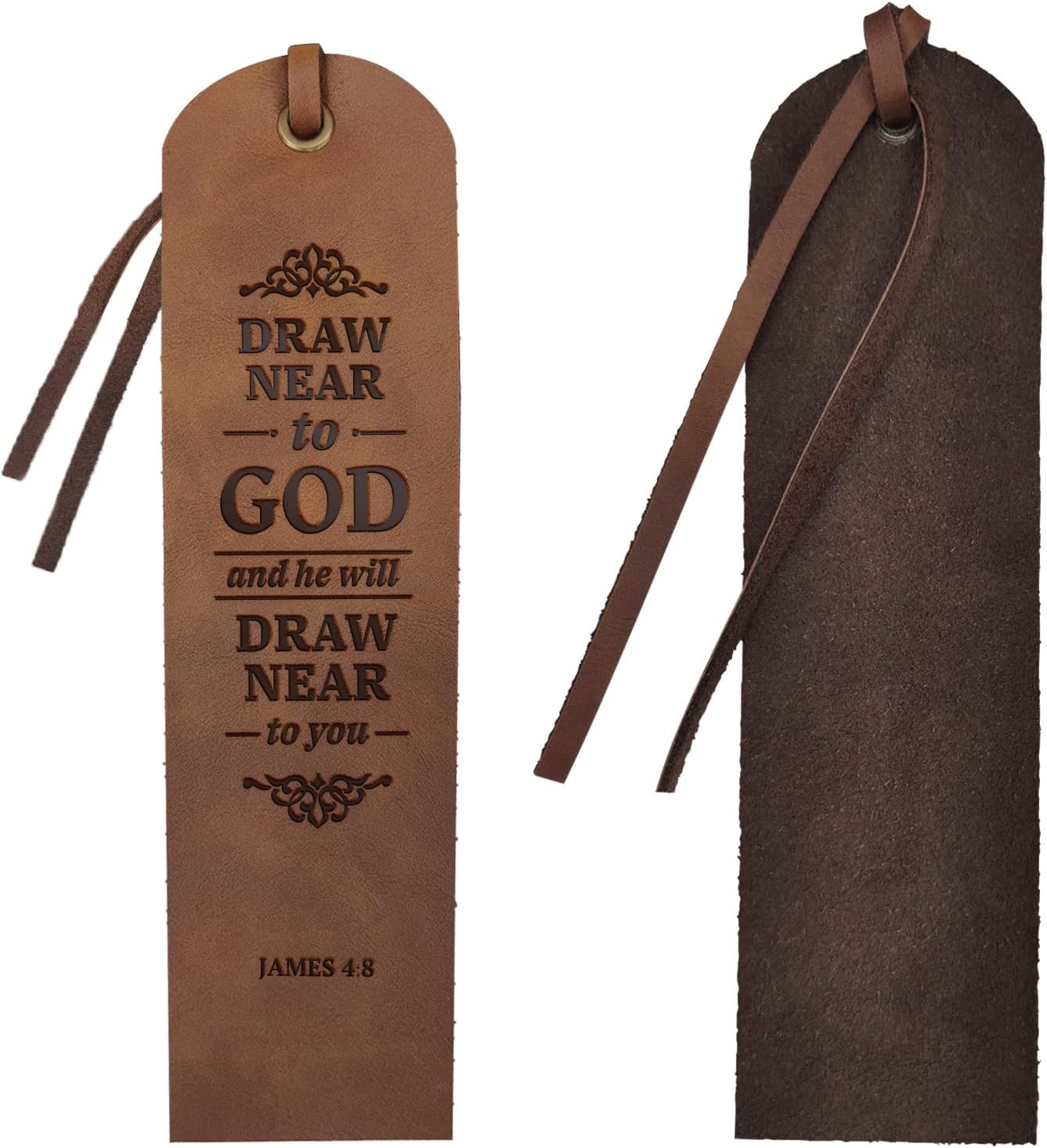 MAYJOYDIY 4 marcapáginas de cuero de la Biblia de 2 x 7 pulgadas, marcadores cristianos de piel de vaca, dibujar cerca de Dios, versículo bíblico,