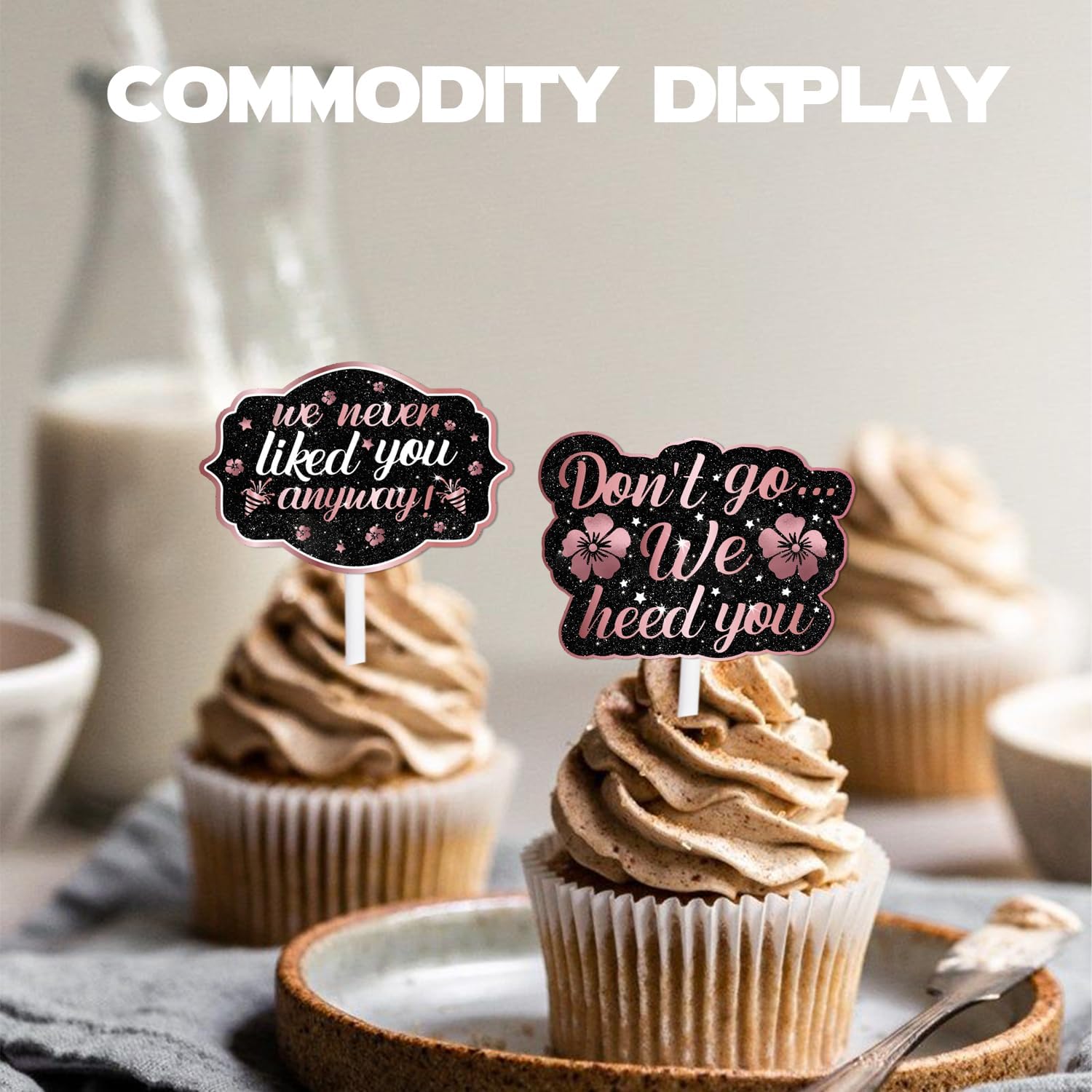 18 piezas de decoración de postre con purpurina rosa con texto en inglés “We Will Miss You Don’t Go We Peg You”, suministros de decoración temática