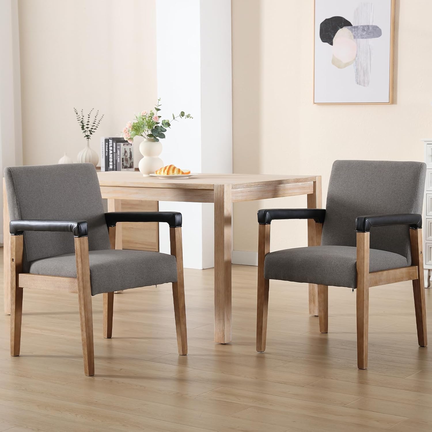 Kmax Sillas de comedor modernas, sillas de cocina de tela de lino, sillas tapizadas, juego de 2 con patas de madera para comedor, sala de estar,
