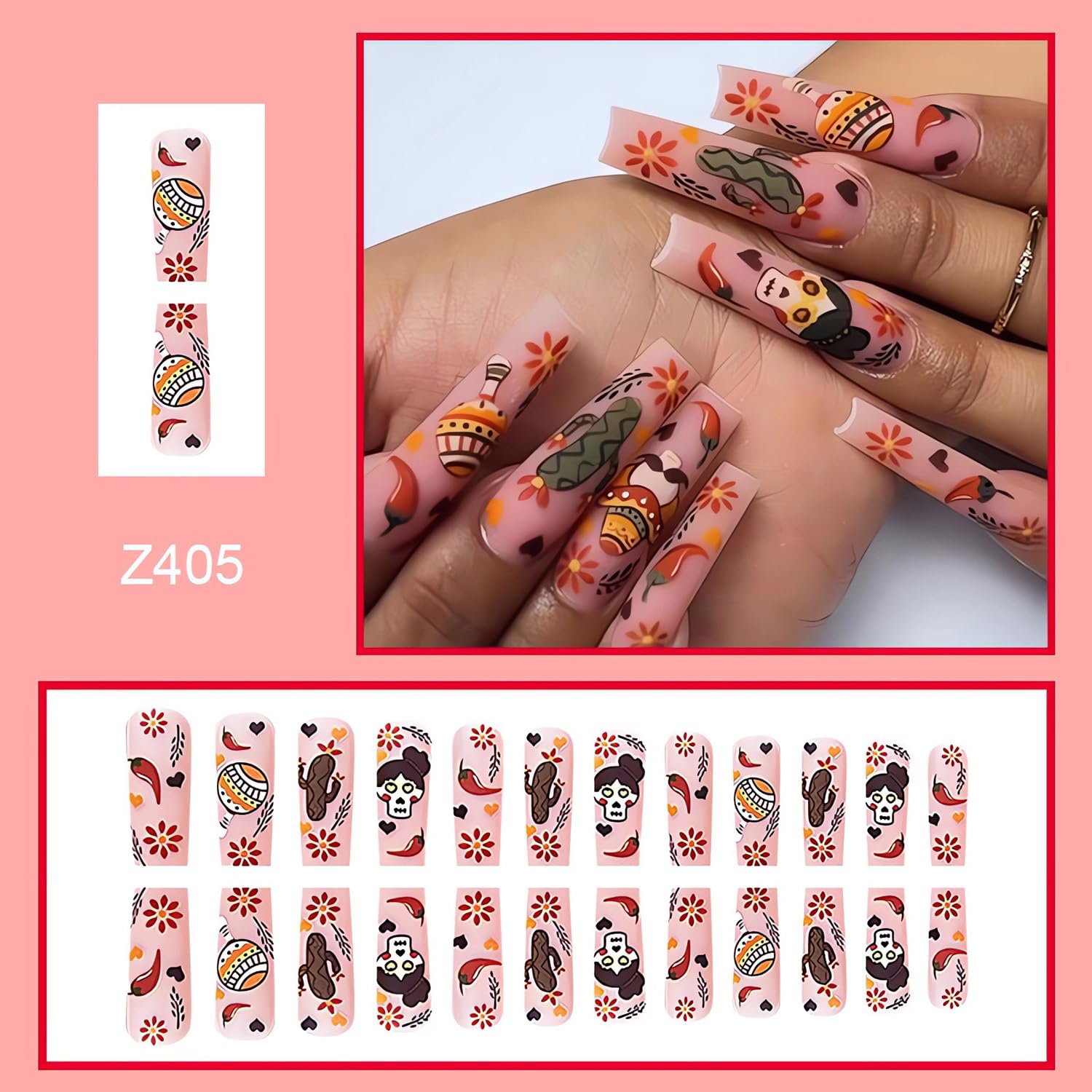 Uñas postizas a presión de Halloween muy largas, uñas postizas cuadradas de acrílico de dibujos animados de Halloween para mujer, uñas brillantes de