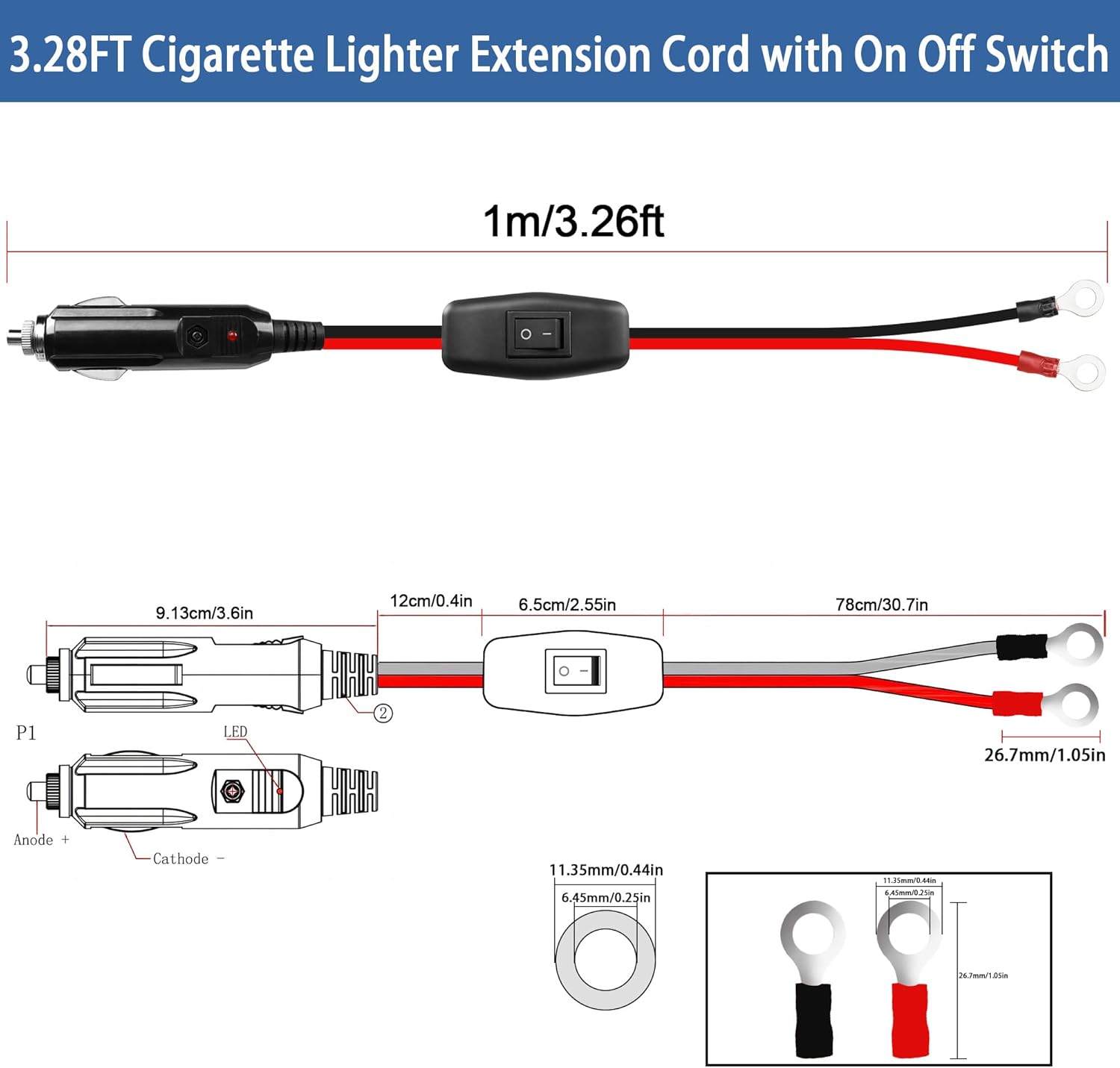 GELRHONR Encendedor de cigarrillos macho a terminal de anillo O con cable adaptador de interruptor de encendido y apagado, cable de extensión de