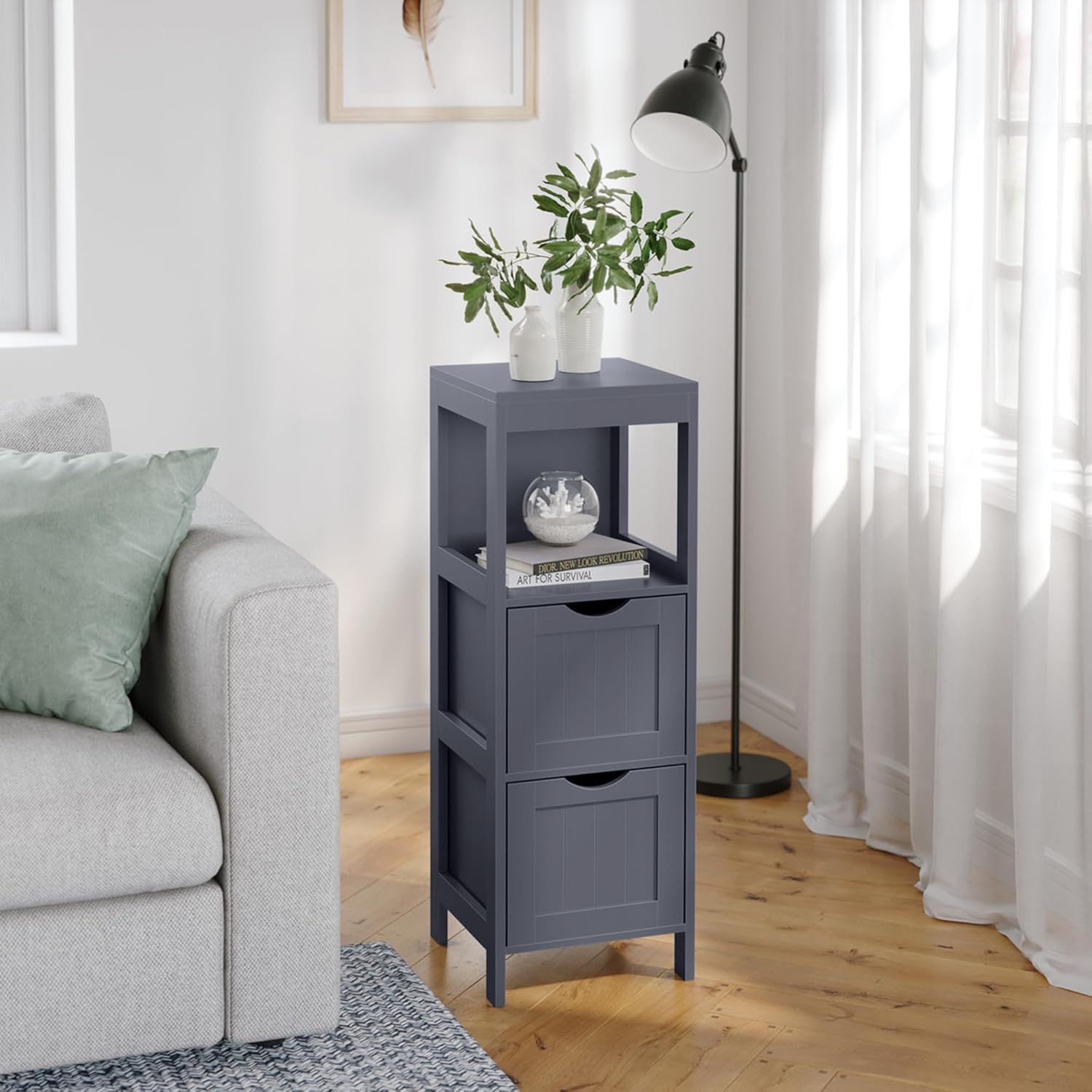 VASAGLE Gabinete de piso de baño, organizador de almacenamiento de baño, unidad de esquina multifuncional, 2 cajones, gris UBBC042G01