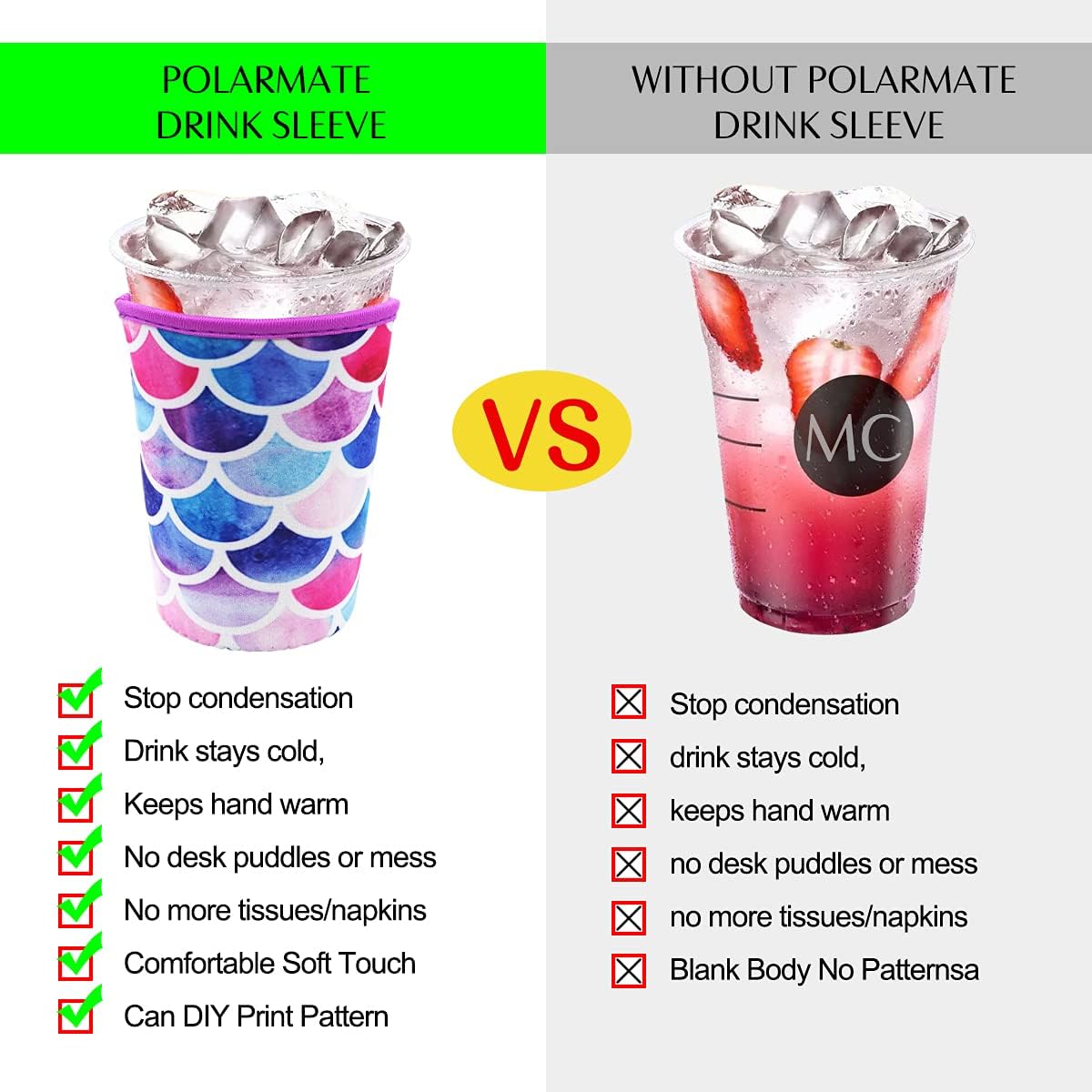 Paquete de 3 fundas reutilizables de neopreno reutilizables para taza de café helado, fundas reutilizables para bebidas frías y calientes (sirena)