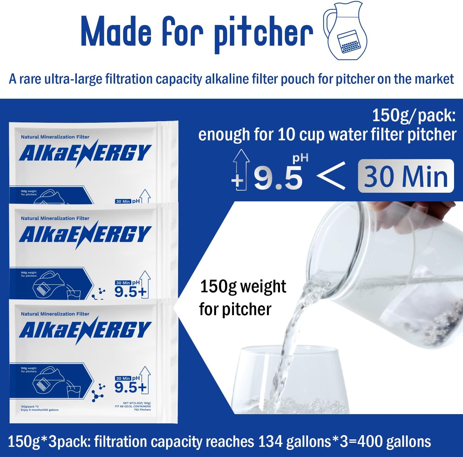 AlkaEnergy Bolsa de filtro de agua alcalina  pH 9.5 +  Eleva el pH del agua potable  Remineralización para agua de ósmosis inversa  Apto para