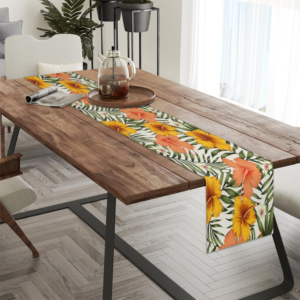 Table Runner Tropic Flowers Leaf, Autumn Rustic Linen Table Cloth Kitchen Dining Table Decor for Home Party 13 x 72 Inches