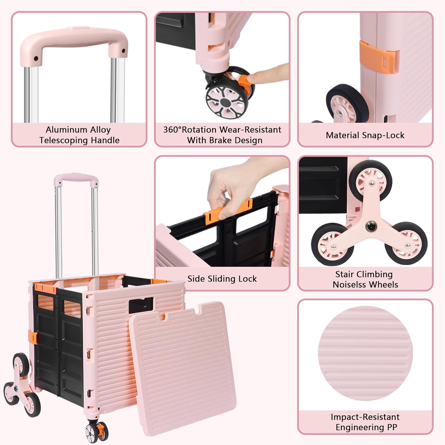 FELICON SELORSS – Carrito plegable portátil con ruedas para subir escaleras y ruedas giratorias de 360, mango telescópico, caja de plástico para